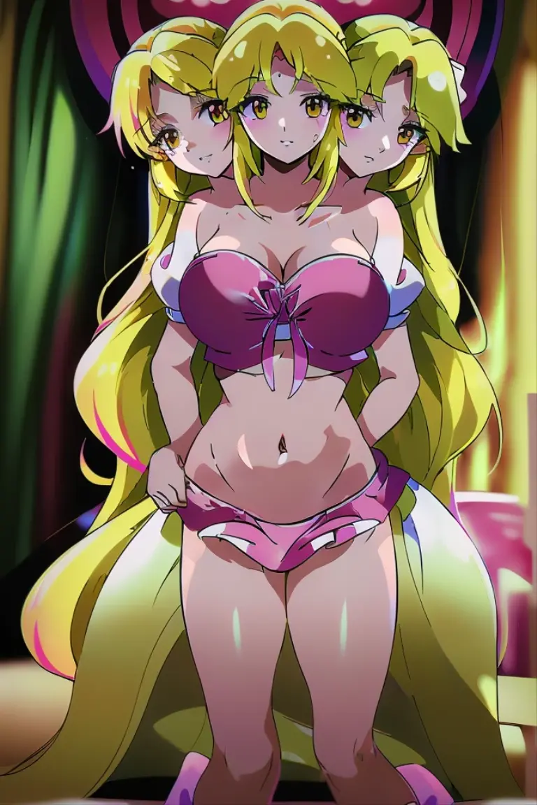 (masterpiece, best quality), best quality, best resolution, (ultra-detailed), (3heads:1.5), 1girl, (yuki:1.3), masterpiece, best quality, ultra quality, ultra resolution, ultra detail, dark red and pink top, crop top, ((stomach)), midriff, ((groin)), dark red and pink skirt, normal ears, shackles, blonde hair, very long hair, wavy hair, sidelocks, yellow eyes, parted lips, open belly, sweat, cute, toned belly, hand on own chest, eyelashes, (24 year old woman:1.3), (masterpiece:1.5), (best quality:1.5), (beautiful detailed), extremely detailed CG, extremely delicate and beautiful, depth of field, (finely detailed face), (perfect details:1.2), (mature female:1.3), wide pelvis, slender, large veiny breast, 16k resolution, highres, very high quality, very high definition, extremely detailed, masterpiece, best quality, blonde hair, long hair, alluring presence, braid, short skirt, close up, big tits, young, pink ribbon, girl with three heads, same hair color, blonde,