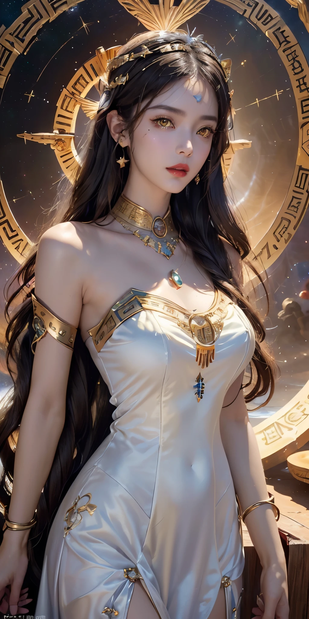 1 beautiful and sexy 20 year old girl, ((wearing a super white dress:1.6)), ((a dress with diamonds:1.7)), ((long Brown-black hair:1.6)), jewelry elaborately made from precious stones and beautiful hair, ((A thin red silk scarf covers half of the face:1.5)), the noble, noble style of an extremely beautiful girl, her small face is super cute, her face is very pretty, thin eyebrows, flawless beautiful face, ((black eye pupils: 0.8)), very beautiful eyes, ((metallic light blue eyes: 1.6)), (((big round eyes:1.6))), nice makeup and hair detailed eyelashes, steamy eye makeup, high nose, earrings, red lips, ((closed mouth: 1.5)) beautiful lips, slim hands, most beautiful thighs, ((arms spread out to the sides: 1.5)), rosy face, clean face, flawless beautiful face, smooth white skin, (big breasts: 1.5)), ((high breasts: 1.6)), tight breasts, beautiful cleavage, (((big breasts and super round: 1.8))), ((super tight breasts: 1.7)) , beautiful breasts, perfect body, back arms, chest out, ((thin black mesh stockings with black lace trim:1.5)), ((sitting position with chest up and arms behind: 1.6)), ((embarrassment and embarrassment:1.6)), 8k photo, super high quality, super realistic, super 10x pixels, optical, bright studio, bright edges, dual-tone lighting, (high-detail skin:1.2), super 8k, soft lighting, high quality, volumetric lighting, photorealistic, photorealistic high resolution, lighting, best photo, 4k, 8k quality, blur effect, smooth sharp, 10 x pixel, ((Beach at night and fireflies background:1.5)), aurora, lightning, super graphics realistic, most realistic graphics, 1 girl, alone, solo, Extremely sharp image, surreal, (((frontal portrait: 1.5)))."