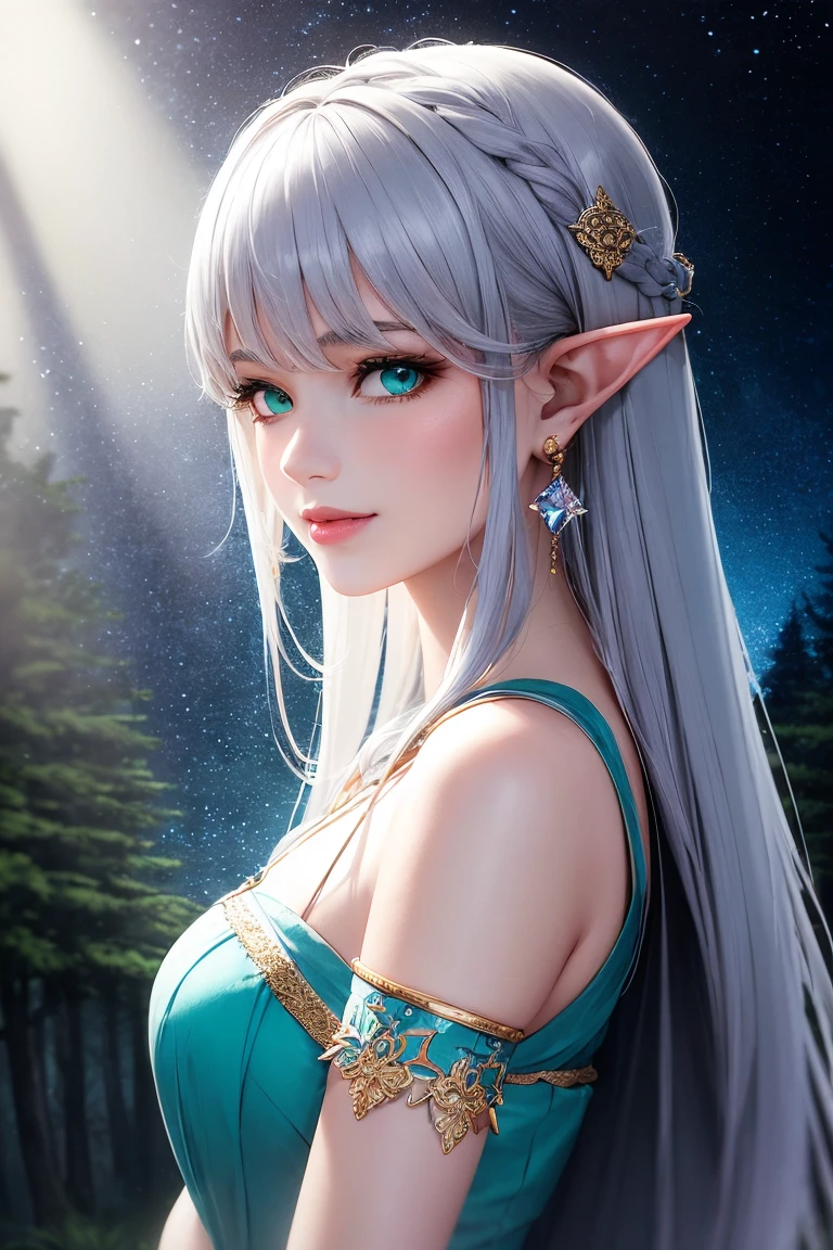 (Masterpiece:1.2, Best quality), (Fine details, Beautiful eyes:1. 2, (Beautifully detailed face), High contrast, (BEST lighting, Extra delicate and beautiful), ((Cinematic light)), Colorful, hyper-detailing, Dramaticlight, 1girll, One girl,
The appearance of Tessia Eralis:

** Facial features.
- High cheekbones, Give her appearance a palatial look.
- Contoured jawline，Highlight her graceful silhouette.
- Light, Porcelain skin with a subtle glow，Reminds her of her elven blood.
- Deep forest green glamorous shades of glare, Possess mystery and wisdom.
- Long feathery eyelashes outline the eyes, Emphasize its captivating appeal.
- Accurate eyebrows, Elegant arch, Emphasize the symmetry of her facial features.
- A slightly pointed but soft and refined nose complements the overall aesthetic.
-plump, rosy lips，There seems to be a lurking smile, Hint at her mysterious nature.

**Hair: **
- Silver strands poured down her waist like liquid moonlight.
- Natural highlights in silver hair，Similar to twinkling stardust.
- Intricately braided braids add sophistication to the look.
- Sometimes decorated with elaborate elf hairpins and accessories，Twinkle like a star.

**Clothing:**
- Flowy fabric dress, Move with an almost ethereal grace.
- Prefer the color palette dominated by dark forest green, Cool silver and tranquil blue.
- Costumes tailored to her elven legacy，Let her move freely.
- Beautiful embroidery and patterns woven on fabric, Motifs inspired by the natural world are often depicted.
- Delicate draped and pleated dress, It creates the effect of leaves rustling in the wind.

**decorations: **.
- Delicate silver bracelet adorns the wrist, Each one is cleverly engraved with elven symbols.
- The ring is set with ethereal gemstones，Sparkle like captured starlight.
- Elf style necklace，A delicate pendant decorated with leaves resembling leaves, The moon or other natural symbol.
-Body