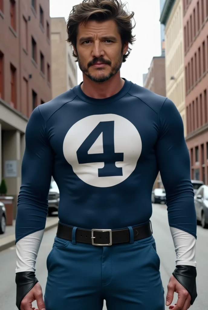Create a superhero with a blue suit and an f in the middle of his suit