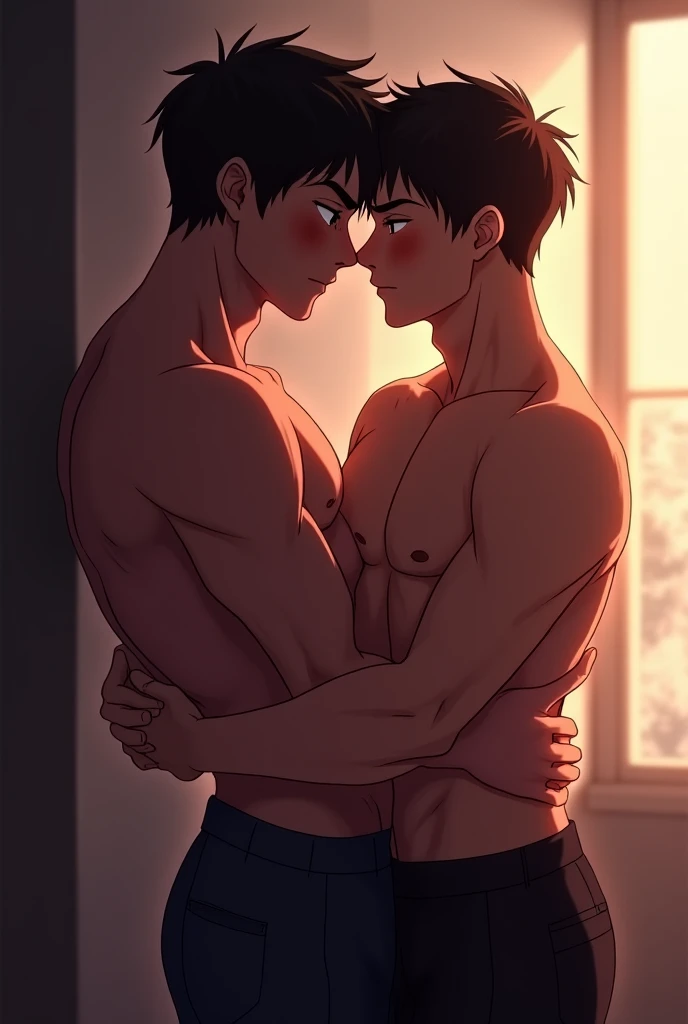 Deku in leather pants without a shirt kissing a brown haired boy