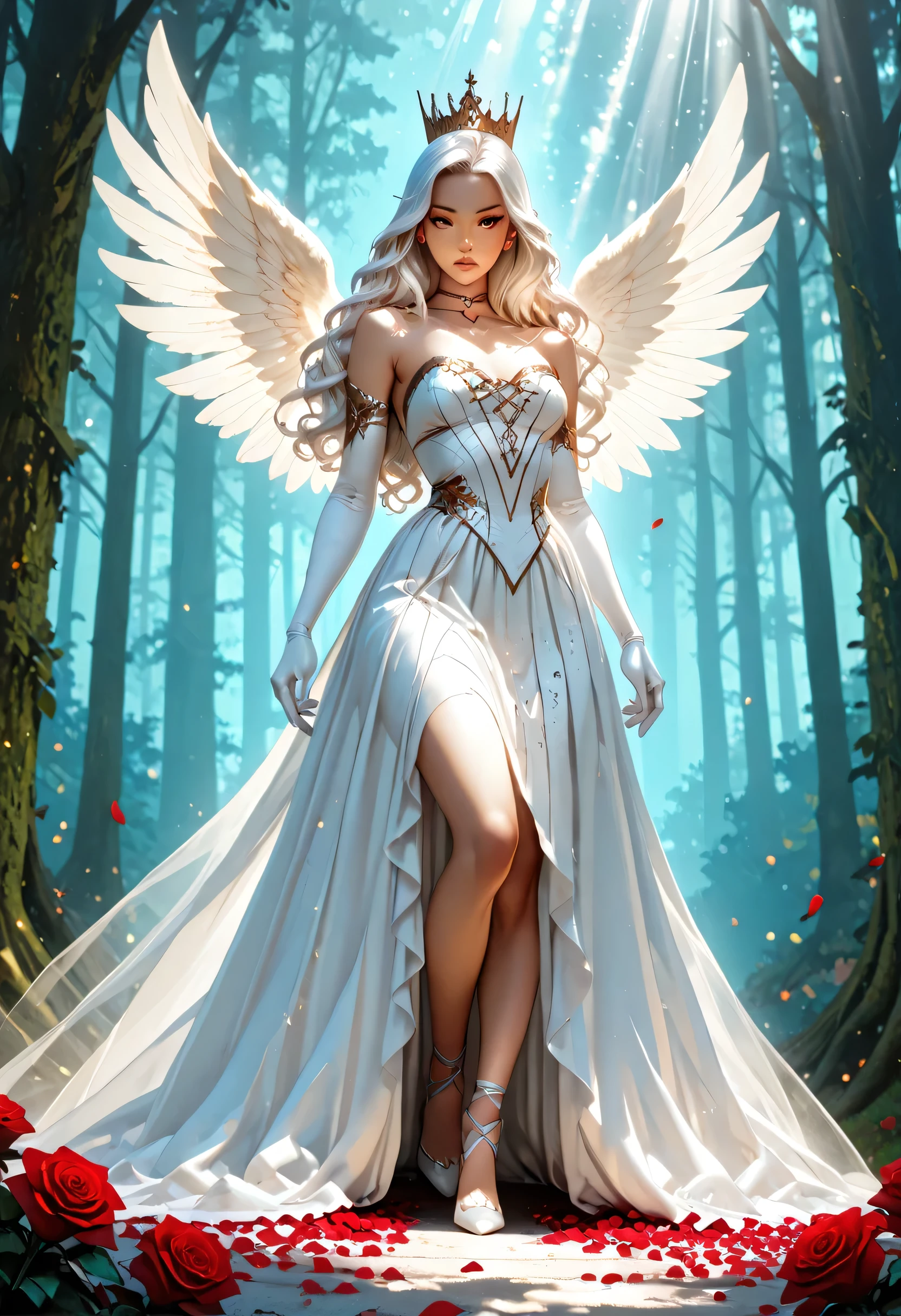 score_9, score_8_up, score_7_up, score_6_up, score_5_up, score_4_up,, anime comic illustration fantasy art, an of an a beautiful female angel standing in forest, red rose petals swirling around the angel, full body,  beautiful angel, long  hair strands, wearing intricate,  white dress, red roses are entwined on the dress, flowing rose petals, swirling rose petals, fantasy forest background, it is dawn the sun rays reflect on the angel, sun rays hit the rose petals, ((high contrast: 1.5), [[anatomically correct]], high details, best quality, 8k, [ultra detailed], masterpiece, best quality, (extremely detailed), dynamic angle, ice queen, LOAsuccXL, lace up stilettos, string choker, elbow gloves
strapless
