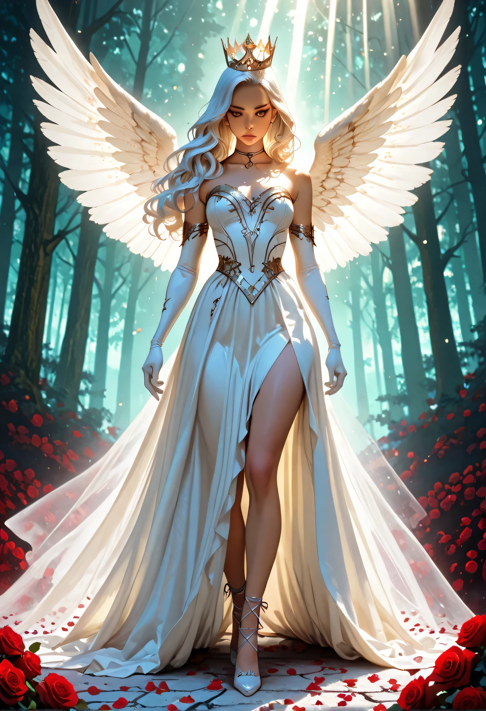 score_9, score_8_up, score_7_up, score_6_up, score_5_up, score_4_up,, anime comic illustration fantasy art, an of an a beautiful female angel standing in forest, red rose petals swirling around the angel, full body,  beautiful angel, long  hair strands, wearing intricate,  white dress, red roses are entwined on the dress, flowing rose petals, swirling rose petals, fantasy forest background, it is dawn the sun rays reflect on the angel, sun rays hit the rose petals, ((high contrast: 1.5), [[anatomically correct]], high details, best quality, 8k, [ultra detailed], masterpiece, best quality, (extremely detailed), dynamic angle, ice queen, LOAsuccXL, lace up stilettos, string choker, elbow gloves
strapless