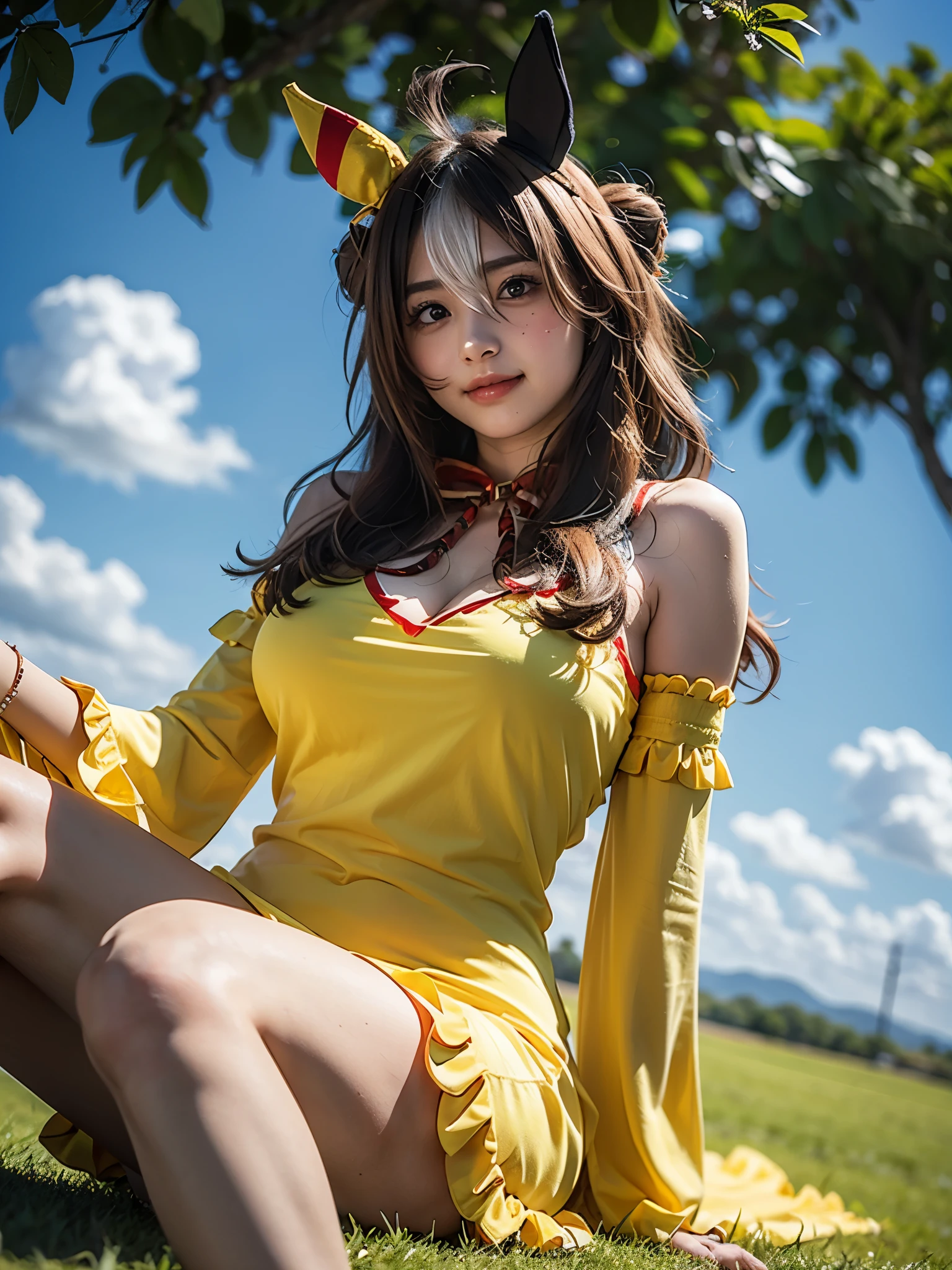 1girl, alone, (cute Japanese girl), 18yo, Young female, short stature, low height, skinny body, (smile:1.2), Looking at camera,
BREAK
(from below:1.3), (Spread legs:1,3), show panty, on the grass, stylish pose,
BREAK
Professional photo-realistic images, (16k, RAW photo, best quality, masterpiece:1.2), (realistic, photo-realistic:1.4), (extremely detailed 8k wallpaper), sharp focus, depth of field, blur background, bokeh, cinematic lighting, soft light, High resolution 16k close-up of human skin,
BREAK
perfectly round breasts, (huge breasts:1.5), (erect nipples under clothes:1.35),
BREAK
Copano Ricky \(umamusume\), horse girl, ((horse ears)), (horse tail:1.3), (hair between eyes:1.5),
BREAK
(((yellow short dress, ruffle dress, bare shoulders, off shoulder, removed sleeve, wide sleeve,))) blue gloves, beaded bracelet, (red ribbon:1.2, neck ribbon:1.2), (cleavage), bare legs,
BREAK
arafed green grass field with blue sky in the background, in a large grassy green field, blue sky and green grassland, field background, grass field, grass landscape, grassy field, an expansive grassy plain, clear summer sky background, windows xp background, clear sky background, sunny day with clear sky, grassy hill, field of grass, tall acid green grass field