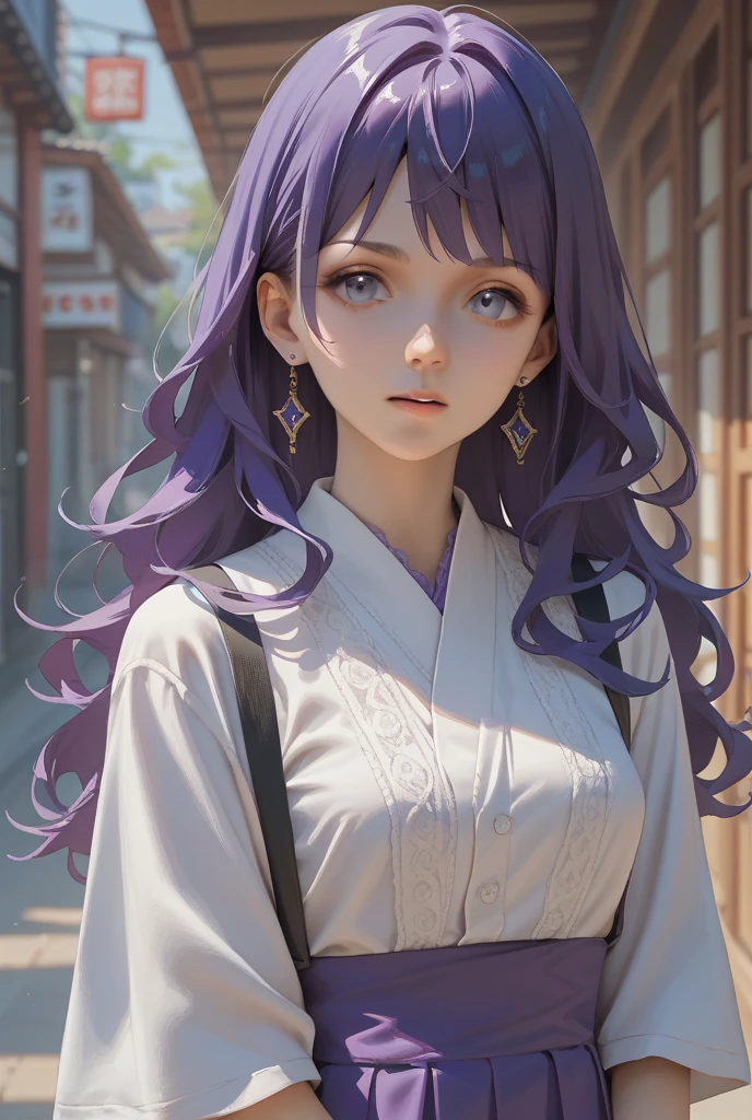 1 girl, medium light purple hair, light blue eyes, wearing black suit, city, absurdres, high res, ultrasharp, 8K, masterpiece, looking from behind