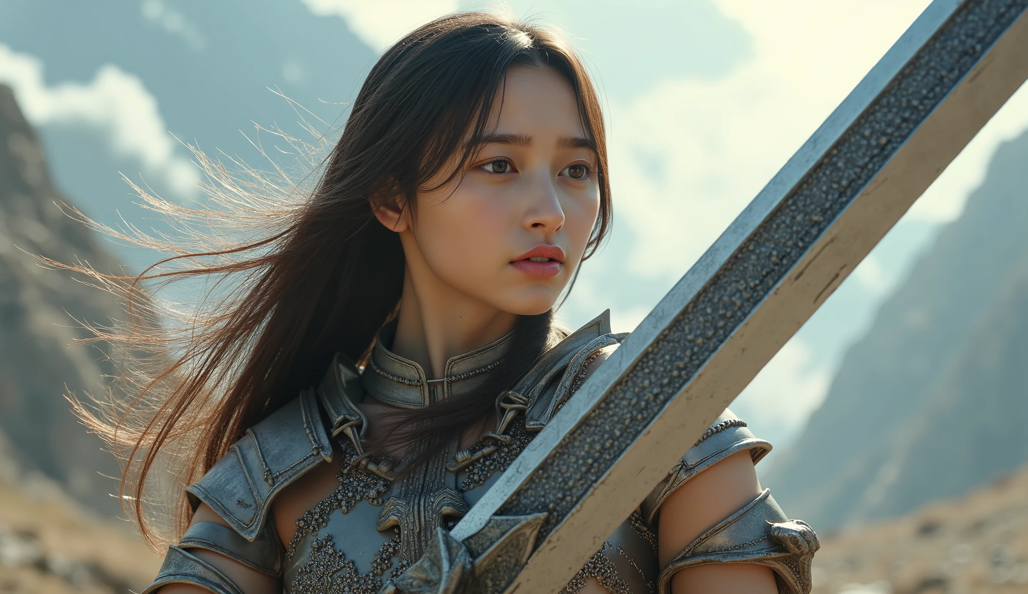 A girl wielding Greatsword , a sword bigger than her body , ((masterpiece, Best Quality, best image quality, high resolution, realistic, RAW photo, 8k)), ((Highly Detailed CG Synthetic 8k Wallpaper)), (huge and spectacular shots of goddesses, very hot and sexy, incredible beauty, perfect proportions, beautiful body, slender beautiful body:1.4), A girl wielding Greatsword , movie poster , (Greatsword :1.5),