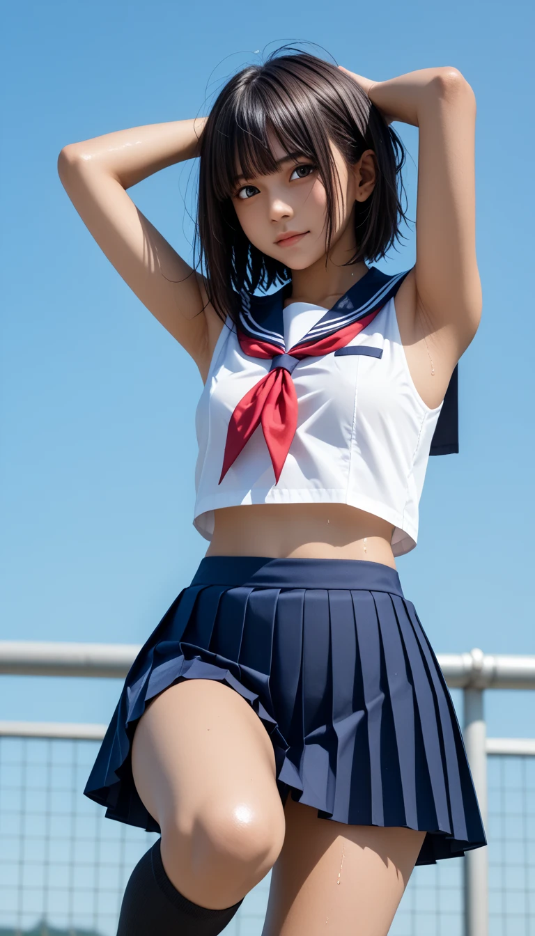 (best quality, 8k, 32k, masterpiece, UHD:1.2), (RAW photo), (realistic), (photorealistic:1.2), (high resolution), huge filesize, ultra-detailed, extremely beautiful face & eyes, 1girl, japanese elementary school student,, 13yoyo, rosmall face, baby face, thin waist, beautiful belly skin, large breasts, slim proportions, perfect thin thighs, small butt, (darkblue pleated mini skirt, japanese sailor, sailor fuku, serafuku, japanese school sailor suit, sailor red neckerchief), nice hands, perfect hands, accurate hand depiction, sweaty, shy smile, pure white teeth, from below, (blue sky, summer, sun, beach, palm tree, outdoors),