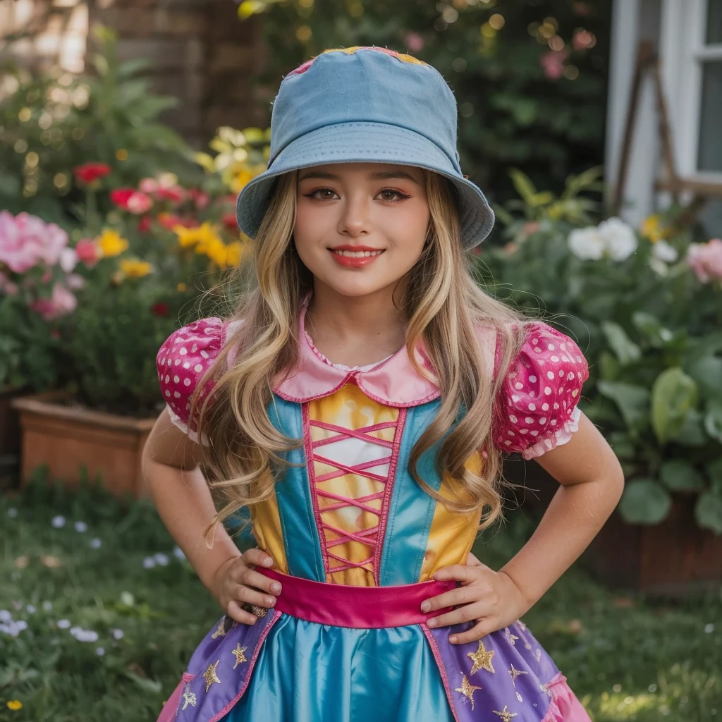 Girl child blonde long hair, with straps and top hat smiling, wearing a top hat, wearing a chocker and cute hat, wearing a party hat, wearing a silly hat, fancy funny hat, fancy flashy hat, wearing a pink headband, wearing a cute hat, with hat, kids, closeup of an adorable, wearing a top hat, she is wearing a hat