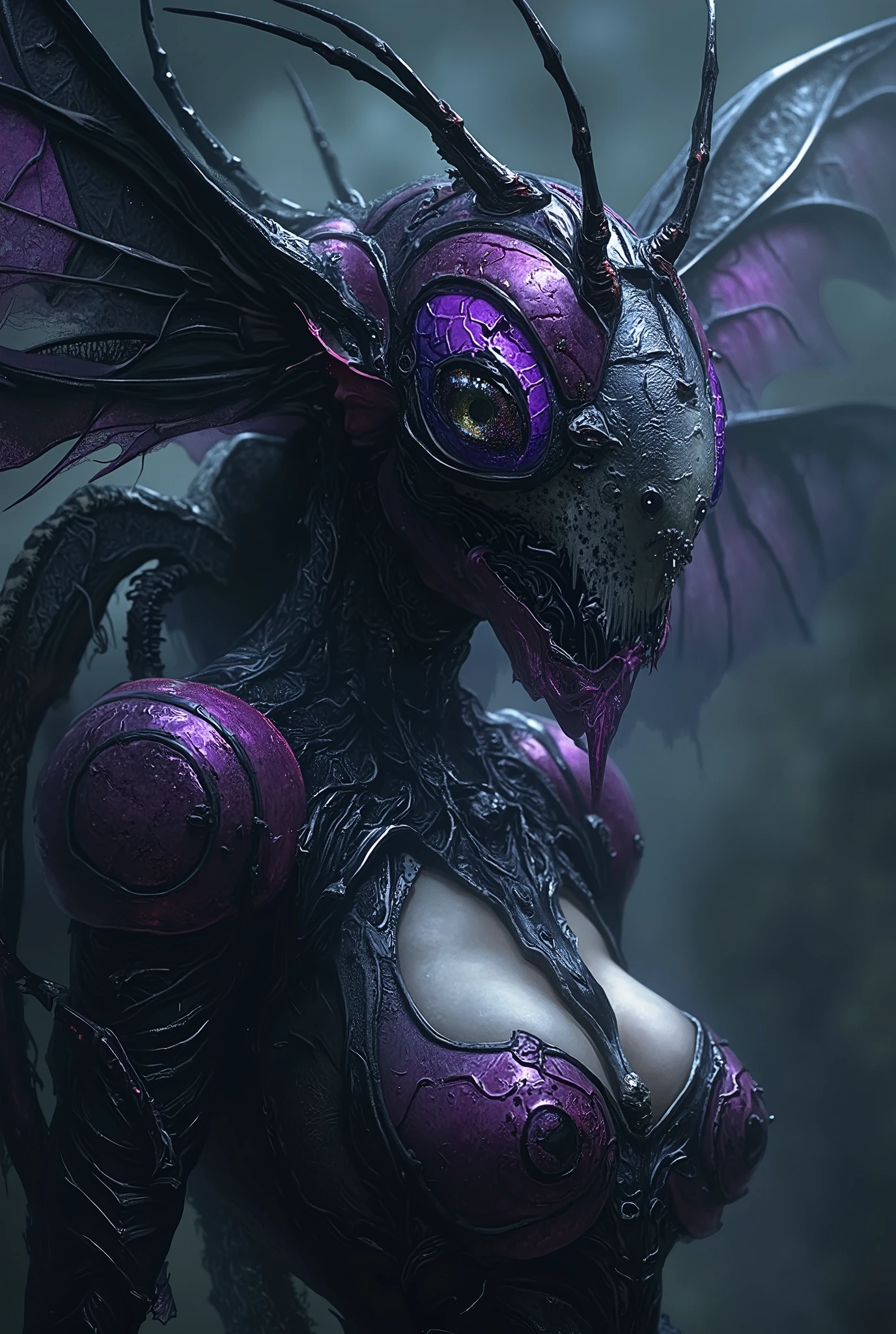 (highest quality,4K,8k,High resolution,masterpiece:1.2),Very detailed,(Realistic,photoRealistic,photo-Realistic:1.37),In the depths of the forest, under the veil of twilight, there exists a creature born of nightmares. Its form is a grotesque fusion of beauty and terror. Imagine the graceful curves of a woman's body, adorned with smooth, alabaster skin, now marred by the sinister presence of a wasp's anatomy.
From her slender shoulders sprout the wings of a mighty hornet, their translucent membranes shimmering in the dim light. Her delicate fingers morph into the sharp, needle-like appendages of the insect, dripping with venomous malice. Eyes, once pools of captivating allure, now gleam with the predatory glare of the hive's queen.
Yet, the horror does not end there. The creature's abdomen swells with the pulsating form of a monstrous nest, each cell teeming with the buzzing life of a thousand stingers. With every movement, the hum of impending doom fills the air, sending shivers down the spines of any who dare to witness this abomination.
She moves with an unsettling grace, a deadly dance of elegance and death. Her presence is a chilling reminder of nature's dark side, where beauty and horror merge into a singular, terrifying entity. This, dear reader, is the embodiment of fear itself—a haunting vision of a woman consumed by the venomous embrace of the hornet's curse.