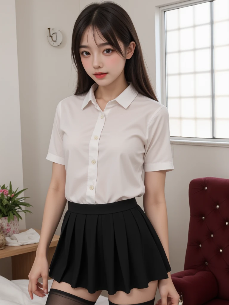 (ultra HD), (School uniform with short sleeves, White collared shirt, Black Skirt), Full body description, Big Breasts, Cleavage, slender, Clean and shiny skin, Whitening, Super slender face, (long hair, Layered Cut, Fluffy hair,light brown), (Big eyes, Slanted Eyes), Small Nose, Thin lips, Thin legs, classroom