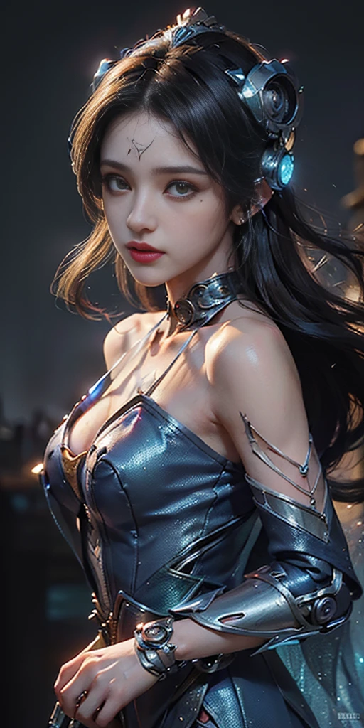 This is an artistic digital illustration portraying the bust of a female figure with supergirl costume and cybernetic enhancements and an elaborate mechanical headdress. The figure's facial expression is passive yet intense, with striking red eyes and blue makeup accentuating her features against the contrasting cool metallic tones of the machinery. Rich in detail, the artwork blends organic and mechanical aesthetics, combining smooth human skin with intricate gears, wires, and dripping, Chinese aesthetic landscape on a white background as an RPG game asset, unreal engine,