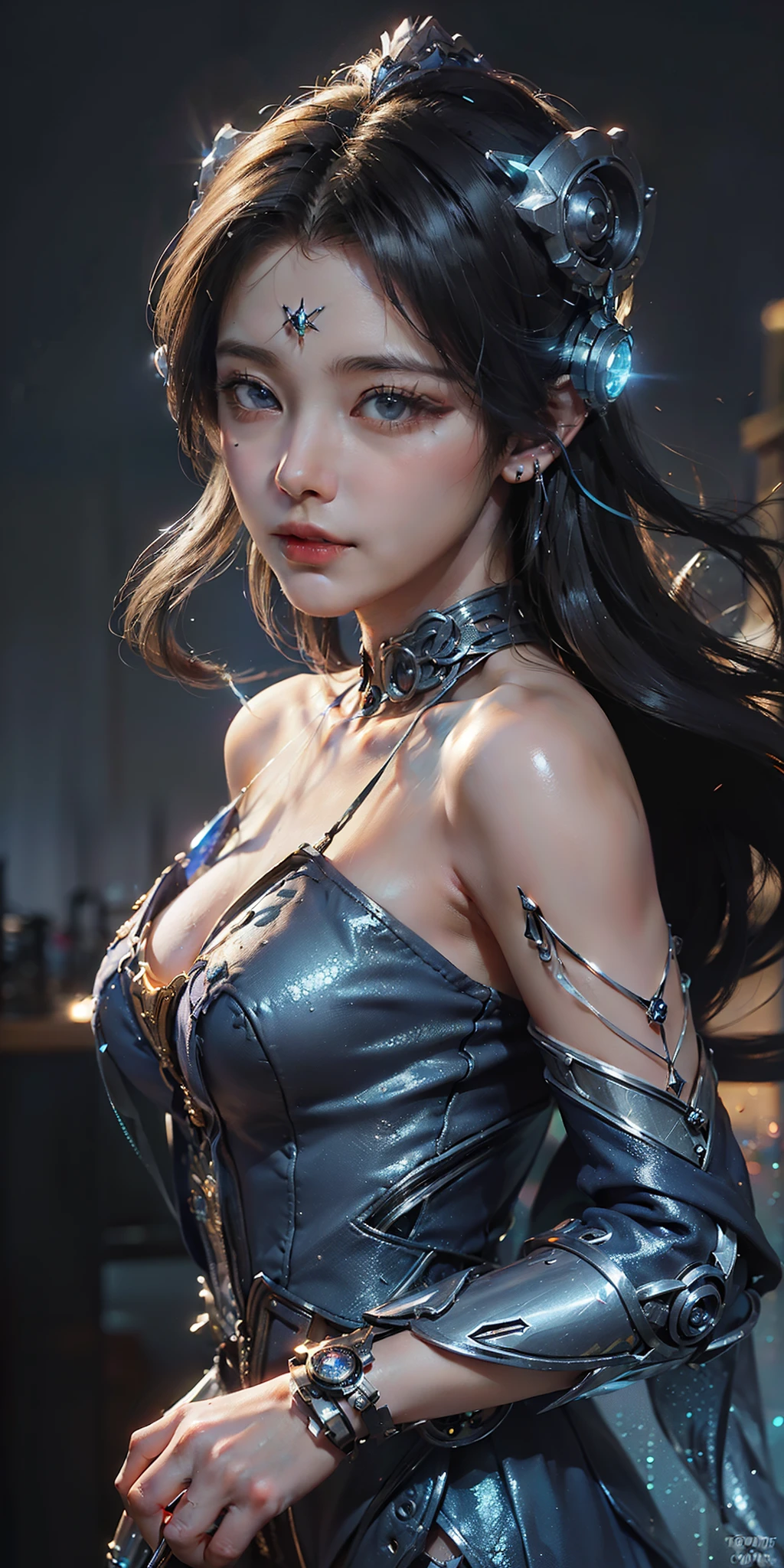 photorealistic, high resolution,masterpiece,best quality,ultra-detailed, 1women, hips up, blue eyes, ahoge, architecture, bangs, bare shoulders, bell, black gloves, black pantyhose, (blue hair), blush, breasts, chinese knot, detached sleeves, east asian architecture, flower knot, gloves, horns, long hair, medium breasts, neck bell, night, outdoors, pantyhose, purple eyes, tassel, white sleeves , intricate, back view
