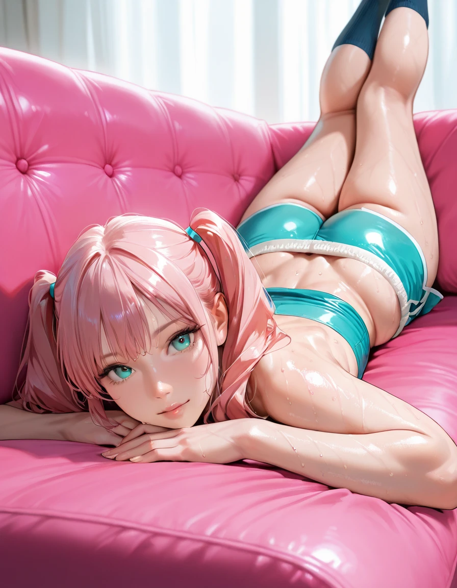 partially visible, ((massive transparent liquid pouring through wet panties)), ((liquid puddle on the floor)), errected pink seen through clothes, light areolae, small areolae,