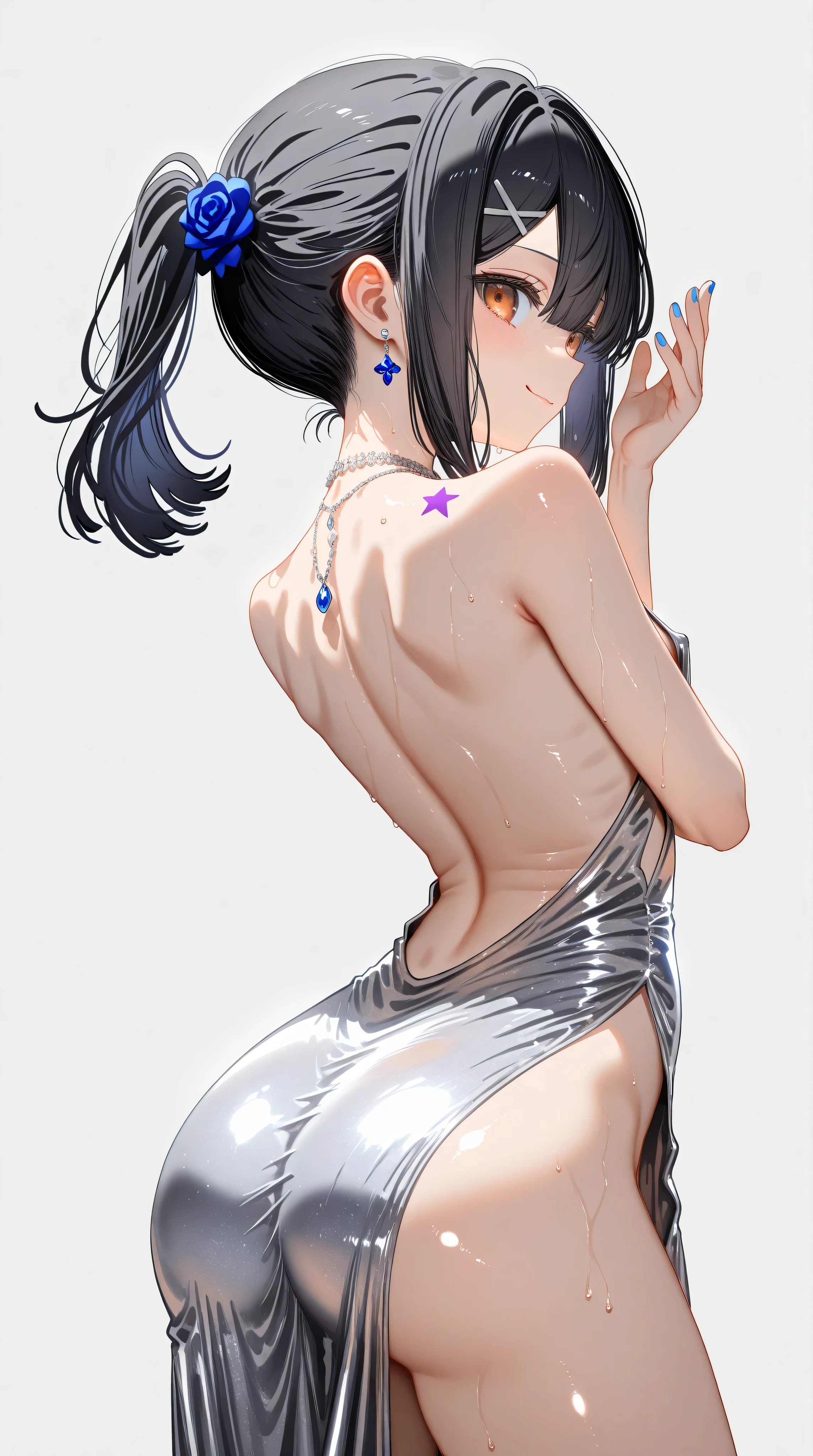 1girl,(Miyu Edelfelt),loli,toddler,petite,cute face,black hair,brown eyes,evil smile,solo,huge ass,colored skin,erect nipples, jewelry, dress,necklace, bangs,x hair ornament, bare shoulders, side ponytail, halterneck, plunging neckline, sidelocks, halter dress, backless outfit, silver dress, nail polish, backless dress,closed mouth, blush, revealing clothes, earrings, hairclip, sweat,evening gown,birthmark \(joestar\)on back neck,dio brandos pose,hand up, (both hands over face),jojo pose, dio pose, back, looking back, from side, hand up, parody, standing,legs apart,hand on hip,center opening,navel,thighs, blue nails, flat_chest, official alternate costume, hair between eyes, best quality, amazing quality, very aesthetic, absurdres,masterpiece,best quality,newest,highres,absurdres,very awa,shiny skin,(artist:loika:0.5),(artist:xiaoshou xiansheng:0.8),artist:rin31153336,artist:gawako,(oiled),