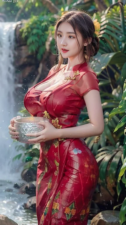 Magazine cover(masterpiece, best quality:1.2),woman,(((The eyes are delicate)))Wet body((Red cheongsam)),nipple,Wet floor,rain(8K)(HD)