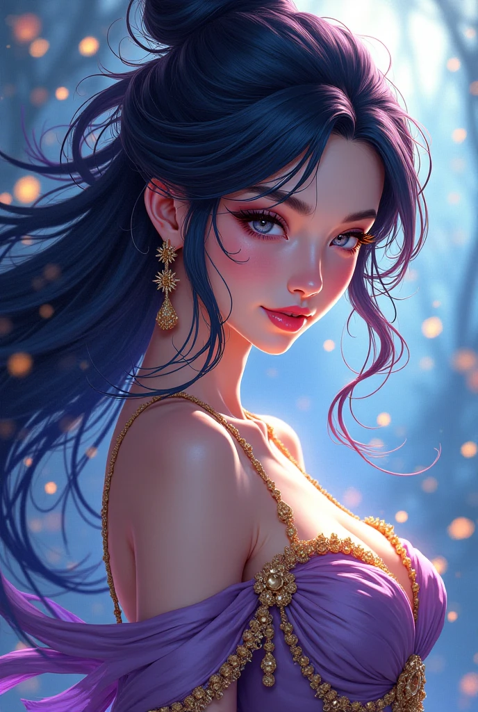 Arab woman, close-up face, beautiful dress, bare shoulders, soaring female figure made of ribbons, smoke, in the sky, colorful and bright, mystical colors, modern impressionism, portraiture Yanjun Cheng, iridescent painting, 3/4 perspective view, cute face, low angle, wide swirling composition, big beautiful crystal eyes, large iris, UHD, HDR, 8K, (Masterpiece: 1. 5), (the most beautiful portrait in the world:  1,5)