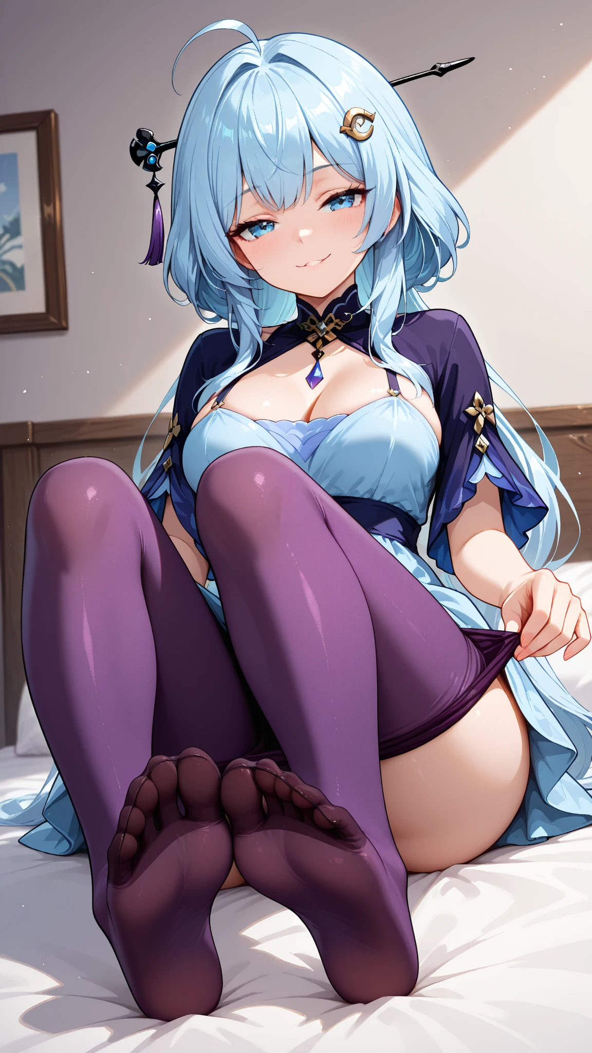 table top, highest quality,sleeping face up in bed,Crab crotch,please show me your boots,thigh high boots,glove,Strange thieves,elegant, 1 girl, muscular,cute, blushed, looking at the viewer, from below,body suit, prison,blue eyes, beautiful eyes, beautiful background, particles of light, Light of the sun, dramatic lighting, outside, shiny, realistic, table top, highest quality, super detailed, be familiar with, scenery, beautiful and fine eyes, fine hair
