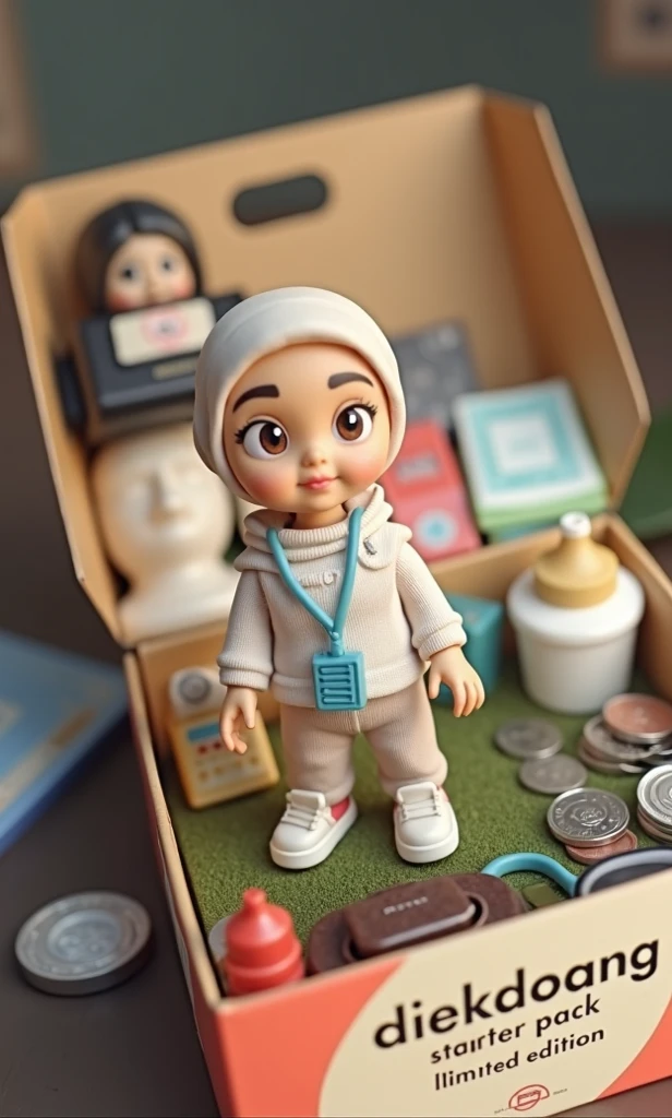 3D Cartoon, big head, big eyes, a five year old girl, wearing a hijab, wearing a kindergarten uniform,Long skirt,  sitting, 3D render, 3D Cartoon, big head, cartoonish look, high resolution, super detail, soft lighting