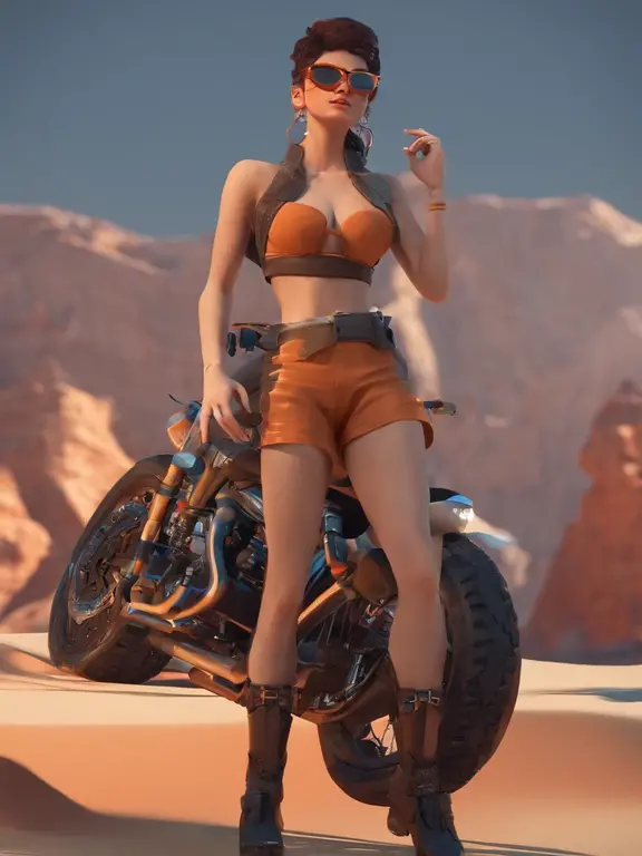 Uma mulher loira,olhos azuis claro, Wearing Retro Cyberpunk Style Glasses,Your clothes are short,Your body is quite defined,Your veins are pulsating,She's riding a futuristic stylish motorbike,The atmosphere is a sunset in the desert,com algumas montanhas ao longe,a mulher carrega uma mochila marrom de couro.