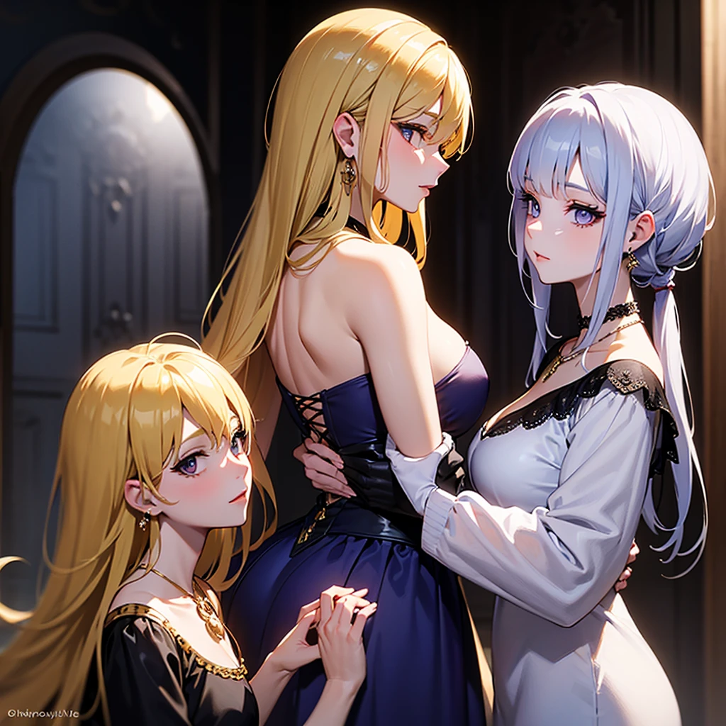 a masterpiece of,(perfect anatomia:1.4), best qualtiy, high_resolution, Fine details, highly detailed and beautiful, Distinct_image, (Four Girls), , a blond,Red-eyed, standing split,(huge-breasted), (tits out),Curve,Full body,(weddingdress),(thighhigh),brownish colors,Egyptian costume,all-fours,(bedroom),all-fours