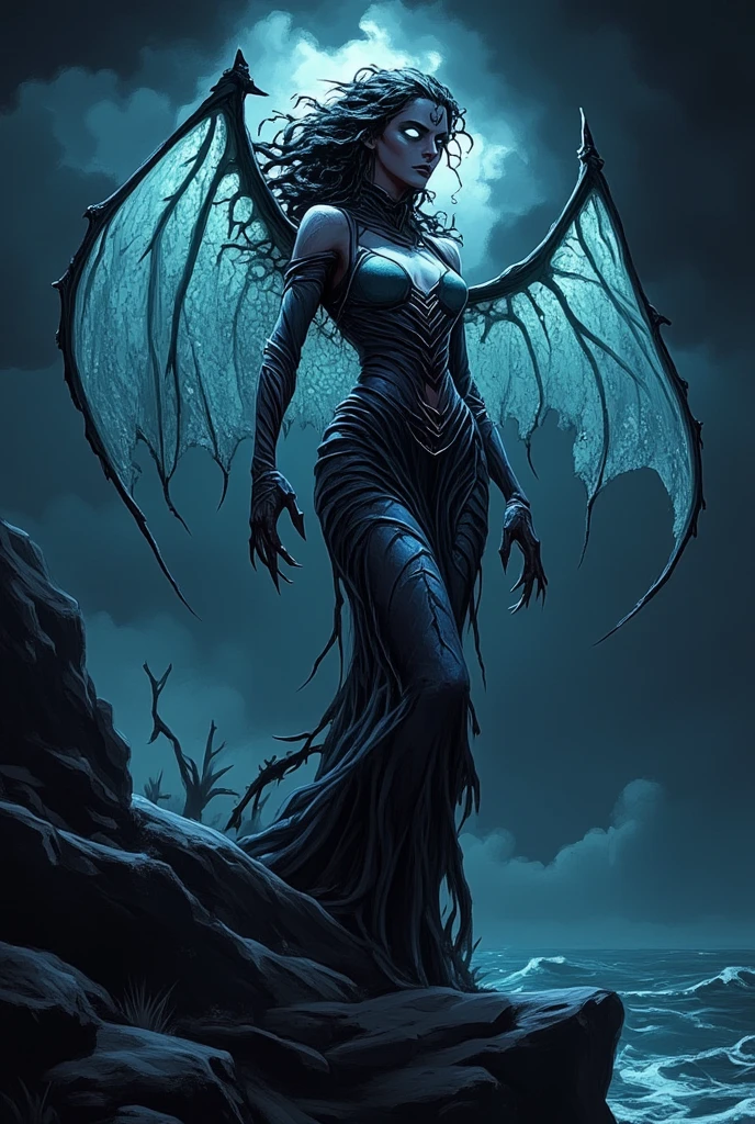 tall woman, slender, pale skin reflecting the moonlight. Long black hair with a blue tint, Falling down to the waist, and deep red eyes with vertical pupils. His armor is made of bones and horns, exuding a threatening aura. Large membranous wings, similar to those of a bat. Berserk anime version.