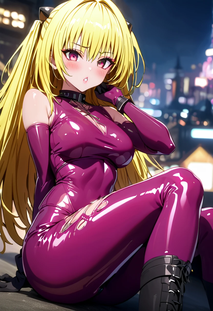 Very detailedな, Explicit, Beautiful body, Beautiful Nose, Beautiful character design, Perfect Eyes, Perfect Face, Ultra-high resolution, 4K, Beautiful legs, Perfect Legs, Nice hands, Perfect hands, masterpiece, Highest quality, Very detailed, shape, Confused, Street Fighter, Doll Suit, シャドルー人shape, Doll Suit, Expressionless, Hollow Eyes, Looking at the audience, Red gloves, emotionless, black latex, corruption, Mind control, Female Fighter, whole body, Hypnosisにかかった, Unfortunate trance, whole body suit, ribbed bodysuit, Place your arms at your sides, Follow, Perfect female body, extremely glossy latex, Hypnosis, Hypno Lola, Hollow Eyes, Mind control装置, stop temporarilys, Obedient_stop temporarily, slave, have, tie, Are standing, Are standing up straight, 注意してAre standing, have, yellow tie, belt, latex, ribbed bodysuit, Knee socks, garter belt, Preparing for battle, Extend your right arm from your shoulder、Stretch your hands in the air., military, Thigh-high boots, alone, Classroom of the Elite, ichinose honami, Pink blonde hair, blue eyes, Long Hair, Big Breasts, Wicked Smile, With an Wicked Smile, A glittering and flashy cyberpunk night view、