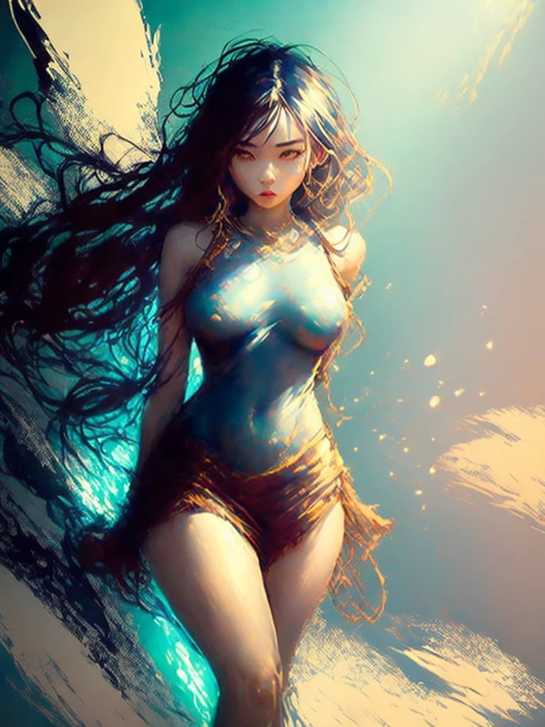 (best image quality、highest quality、highest resolution、Ultra-realistic photography、full body photo、masterpiece、16k、)one girl。with terrifyingly long hair。The length of the hair is about 10 meters。A beautiful woman in thin underwear or naked。like a Roger Dean painting、Fantastic Background。Beautiful features with a well-defined face。With a smile。Very long dark brown hair。
