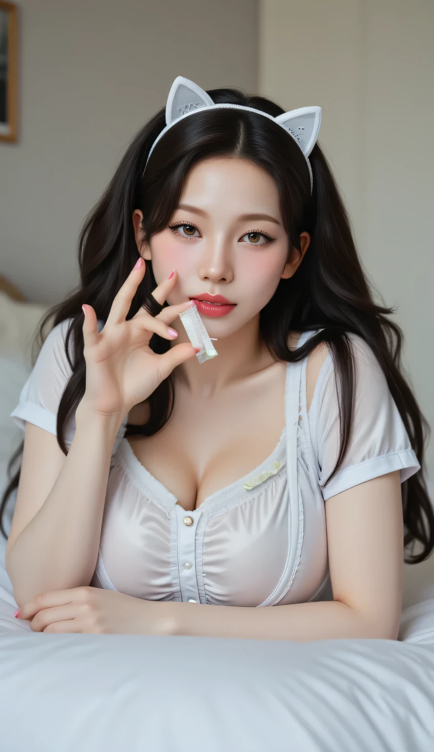 (best quality, 8k, highres, photorealistic:2.0), (solo, one girl:2.0),(lighting: strong),(lighting: front),(very muscular girl:2.0),(bodybuilder girl:1.5),(shiny skin:1.5),(light brown hair color:1.5),(girl with tied hair:1.3),(Bend your legs and open your thighs:1.8),(light blue blouse:1.6),(collar blouse:1.2),(long sleeve light blue blouse:1.3),((tight blouse:1.7)),(Emphasize cleavage:1.4),(barefoot girl:1.1),((open blouse button:1.2)),((Wearing Extremely erotic panties)),(wearing tiny panties:1.5),((Girl leaning on an old leather sofa:1.2)), ultimate beautiful Japanese girl, Blush brown makeup , dark eye makeup ,pink lipstick,(big eyes girl:1.3),(Navel is visible),(girl with open mouth:1.4),(A girl who enjoys showing her panties to her viewers:1.8),((shape of erect nipples appears on the surface of the blouse)),(The eroticism of a very elegant woman:1.5),(Gently hold the imaginary penis and put it to your mouth:1.5),(blowjob on imaginary penis),(she imagines a blowjob:1.5),(Viewers associate it with fellatio)