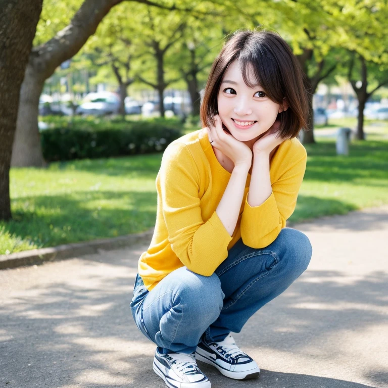 ((8K、32K、Raw photography、top-quality、masterpiece:1.3))、((realisitic、Photorealsitic:1.37))、ultra-detailliert、Photo of one person、beautiful lady、50 years old、Born in the 1970s、cute little、独奏、Light makeup、Keep your real face、((Under the sky with beautiful details:1.3))、((On the lawn:1))、((your legs for your audience))、((Do not hide your crotch with both hands:1))、((thrust out one's hip))、((Posture as if straddling a Japanese-style toilet))、((Squats with legs spread in an M-shape:1.2))、((Sensatiovocative pose:1.2))、Pink ash hair on the head、((Virgin female genitarfectly visible for your audience:1.3))、A small amount of redheaded pubic hair、((exposed breast:1))、((Breast size ip:1))、Happy bsmile、Beautiful teeth alignment、(blush of the nose)、((A smile:1.25))、seducting smile、profetional lighting、Illuminate the front of the subject、Sony A7R4、Zessie 50mm f1.8、Beautiful Detail Eye、((Thin tennis look on yellow-green fabric、pleatedskirt))、(short-hair:1.32)、(Floating hair:1.4)、