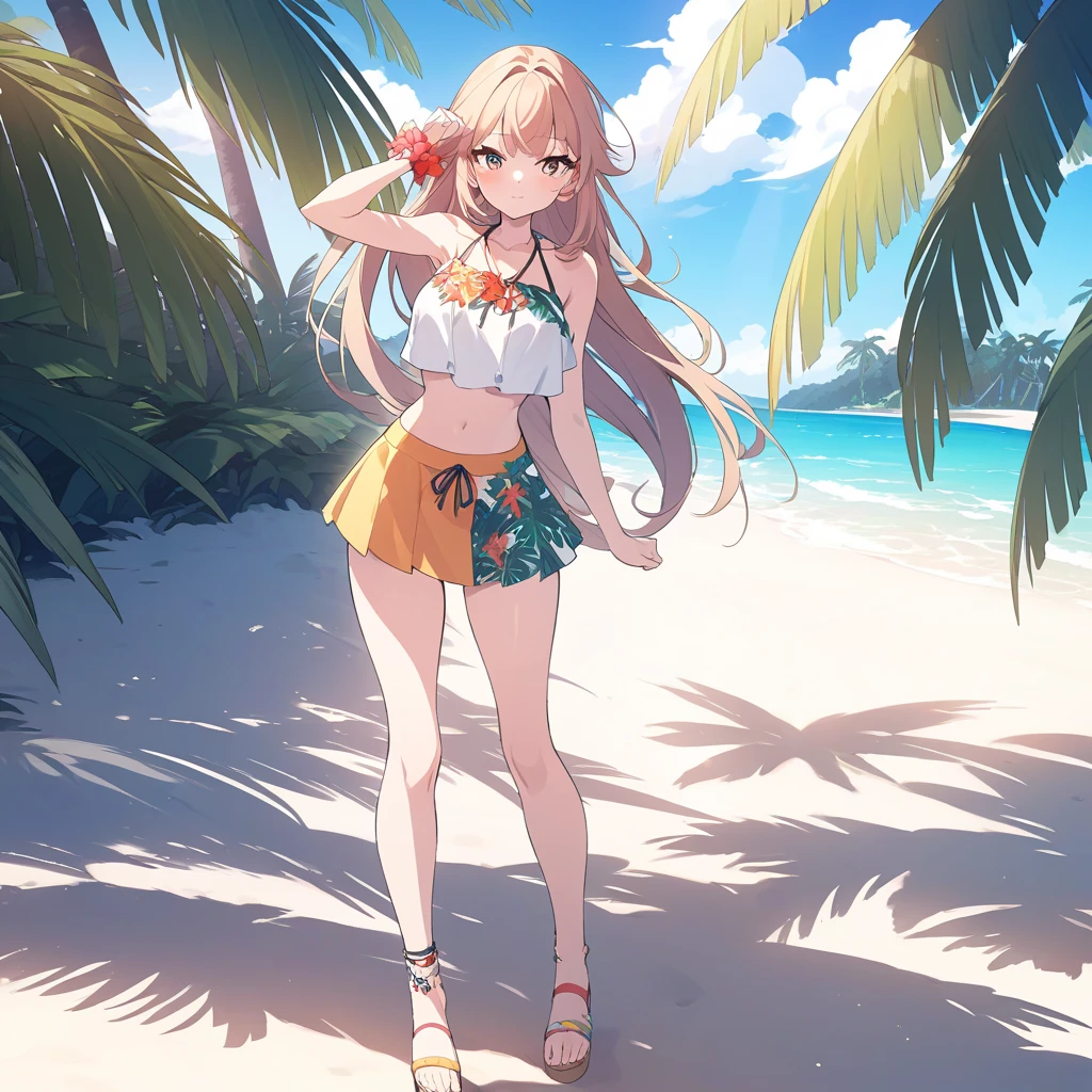 girl,(masterpiece,Highest quality),Street,(Brown Skin),(Completely naked),Bare shoulders、hat、Gal,Brown eyes、Blonde、smile、passionate、hat、Swimwear,long hair、(Underboob),Big Breasts,Cleavage,Micro Camisole、looking at the camera、shoes、Micro Mini Denim Shorts,solo、Are standing、barefoot,Swimwear