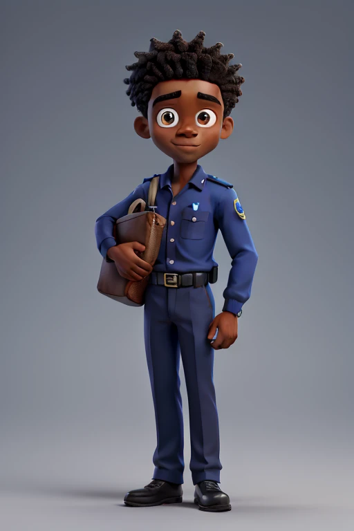 Um filme inspirado na Disney Pixar (MENINO NEGRO JOVEM COM CABELO CACHEADO PRETO SONHA EM SER POLICIAL ) dentro A cena estar na arte distinta do estilo PIXAR