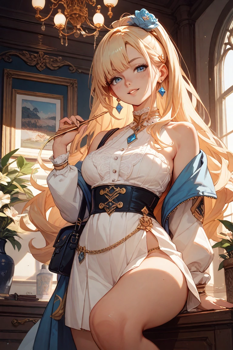 ((Finest quality)),(超A high resolution),(ultra-detailliert),(Meticulous portrayal),((Best Anime)),(Finest works of art),(Ultra-Precision Art),(The art of astounding depiction,Overwhelming depiction:1.5),(intricate and detailed art:1.6), (1 adult female:1.5),(blouse:1.6),(Glowing blonde hair:1.3),(clear blue eyes:1.5),huge tit, Know,Erudition,knowledge,wisdom