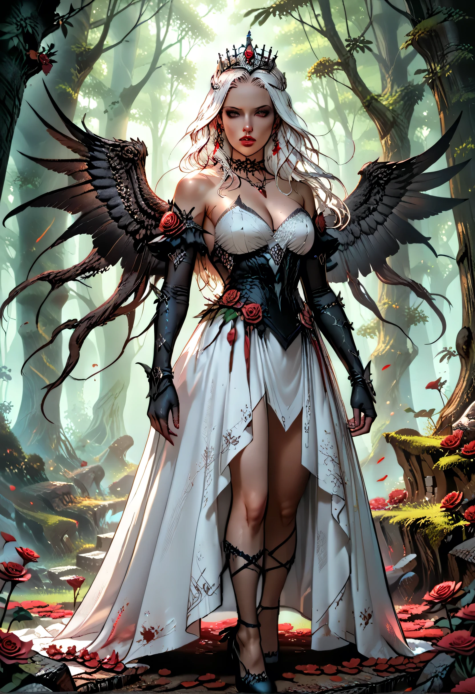 score_9, score_8_up, score_7_up, score_6_up, score_5_up, score_4_up,, anime comic illustration fantasy art, an of an a beautiful female angel standing in forest, red rose petals swirling around the angel, full body,  beautiful angel, long  hair strands, wearing intricate,  white dress, red roses are entwined on the dress, flowing rose petals, swirling rose petals, fantasy forest background, it is dawn the sun rays reflect on the angel, sun rays hit the rose petals, ((high contrast: 1.5), [[anatomically correct]], high details, best quality, 8k, [ultra detailed], masterpiece, best quality, (extremely detailed), dynamic angle, ice queen, LOAsuccXL, lace up stilettos, string choker, elbow gloves
strapless
