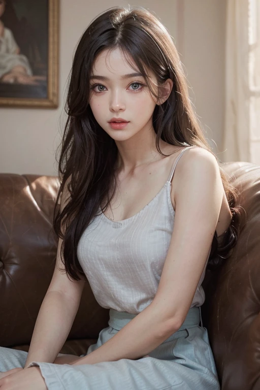 Best Quality， Face Focus， Soft light， 超A high resolution， （Photorealistic：1.4）， Raw photo， Girl in 1, Solo, Cute, (collofull eyes, Light in the eyes), Detailed beautiful face, (huge tit),(High-resolution details of human skin texture), (Long hair), Sit on the sofa, School uniform, Charcoal Vest, Skirt, (upper thigh)
information