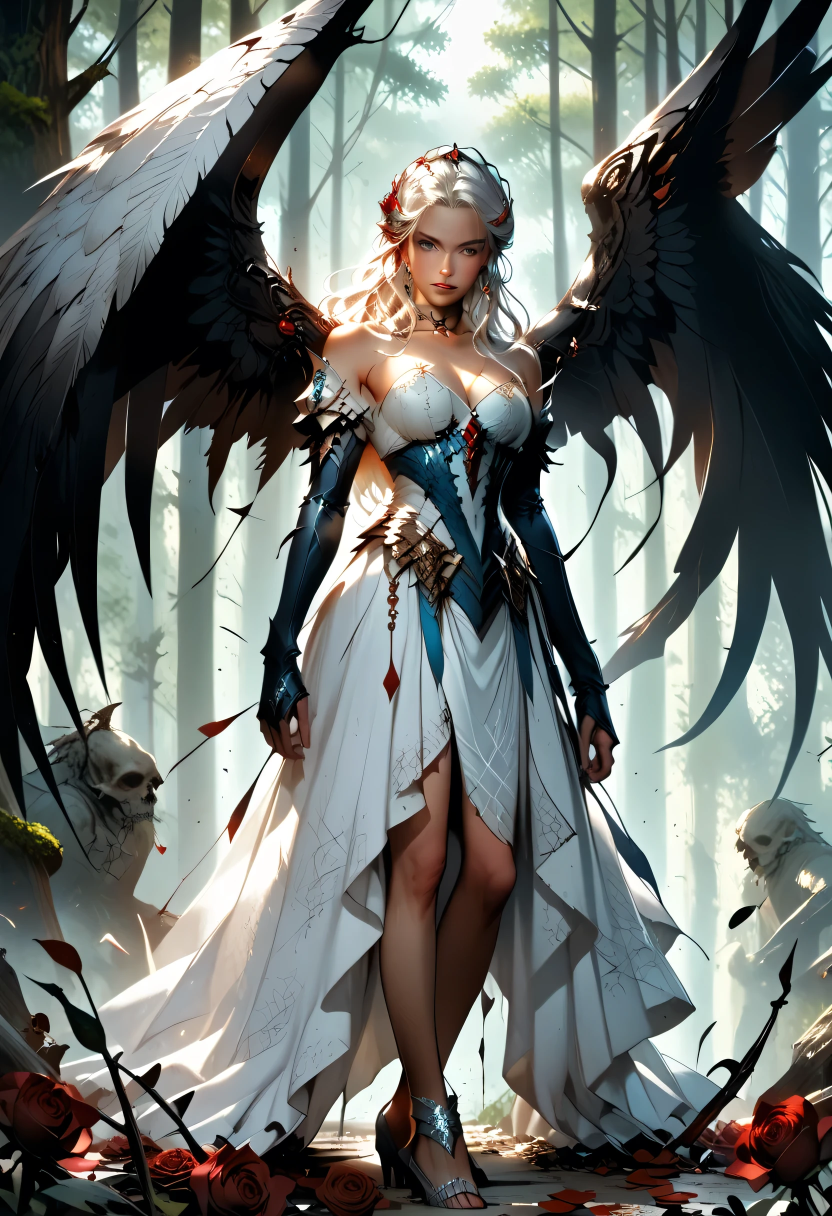 score_9, score_8_up, score_7_up, score_6_up, score_5_up, score_4_up,, anime comic illustration fantasy art, an of an a beautiful female angel standing in forest, red rose petals swirling around the angel, full body,  beautiful angel, long  hair strands, wearing intricate,  white dress, red roses are entwined on the dress, flowing rose petals, swirling rose petals, fantasy forest background, it is dawn the sun rays reflect on the angel, sun rays hit the rose petals, ((high contrast: 1.5), [[anatomically correct]], high details, best quality, 8k, [ultra detailed], masterpiece, best quality, (extremely detailed), dynamic angle, ice queen, LOAsuccXL, lace up stilettos, string choker, elbow gloves, white wings
strapless