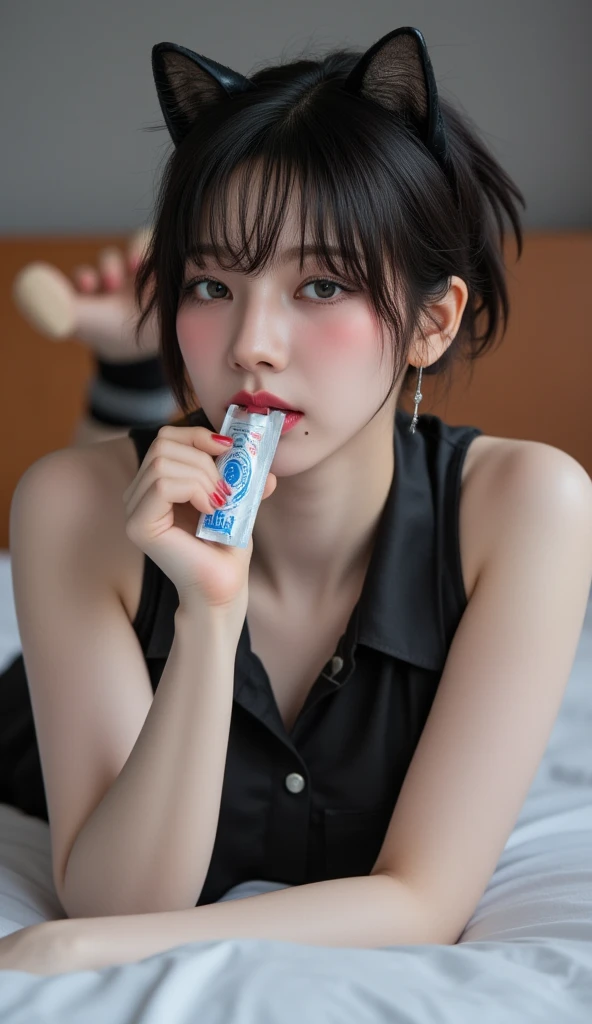 Girl wearing scrubs blowjobs on a black sofa