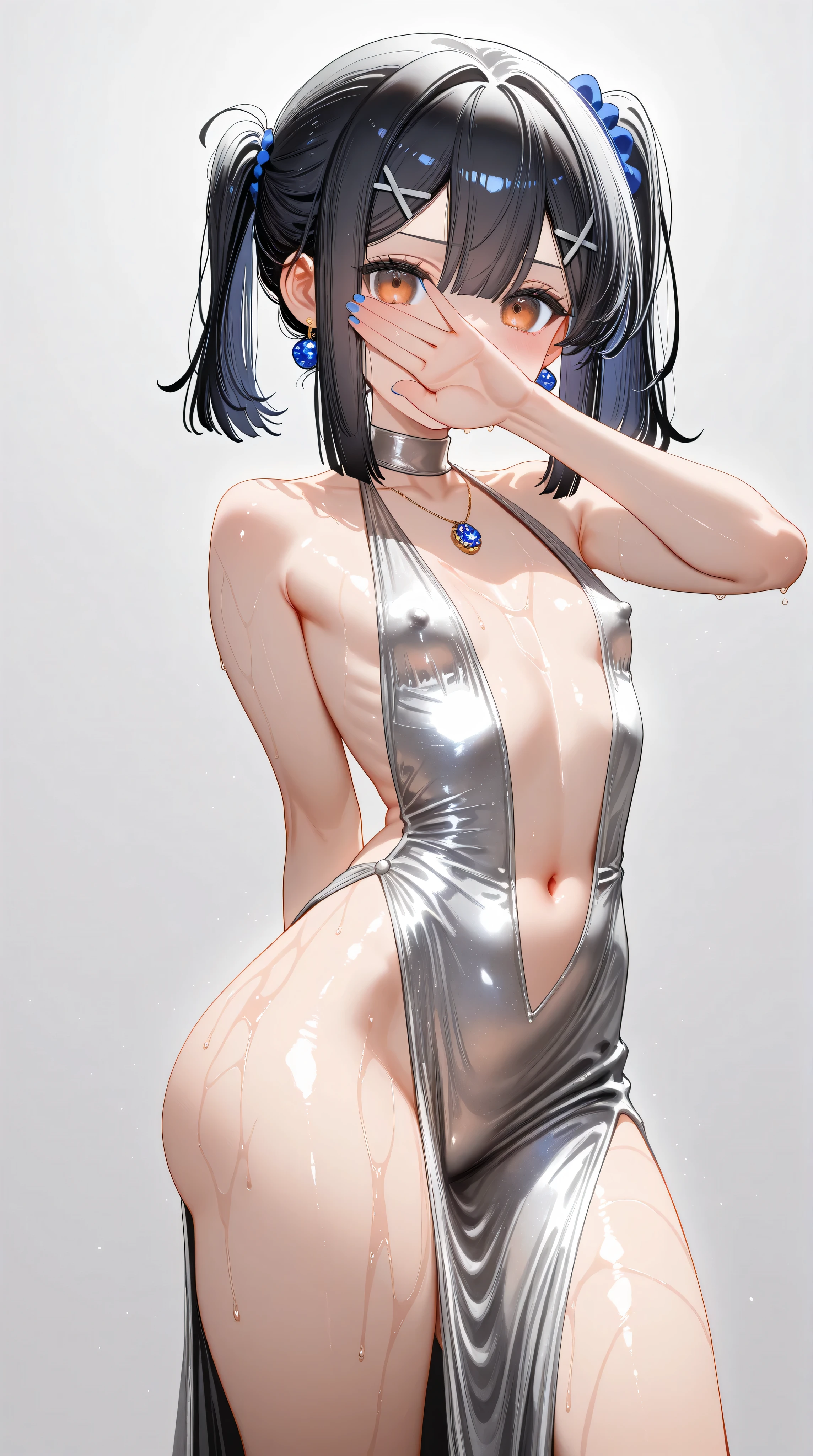1girl,(Miyu Edelfelt),loli,toddler,petite,cute face,black hair,brown eyes,evil smile,solo,huge ass,colored skin,erect nipples, jewelry, dress,necklace, bangs,x hair ornament, bare shoulders, side ponytail, halterneck, plunging neckline, sidelocks, halter dress, backless outfit, silver dress, nail polish, backless dress,closed mouth, blush, revealing clothes, earrings, hairclip, sweat,evening gown,jonathan joestar pose, jonathan joestar's pose (jojo), jojo pose, covering face,standing,legs apart,leaning back,center opening,navel,thighs, blue nails, flat_chest, official alternate costume, hair between eyes, best quality, amazing quality, very aesthetic, absurdres,masterpiece,best quality,newest,highres,absurdres,very awa,shiny skin,(artist:loika:0.5),(artist:xiaoshou xiansheng:0.8),artist:rin31153336,artist:gawako,(oiled),
