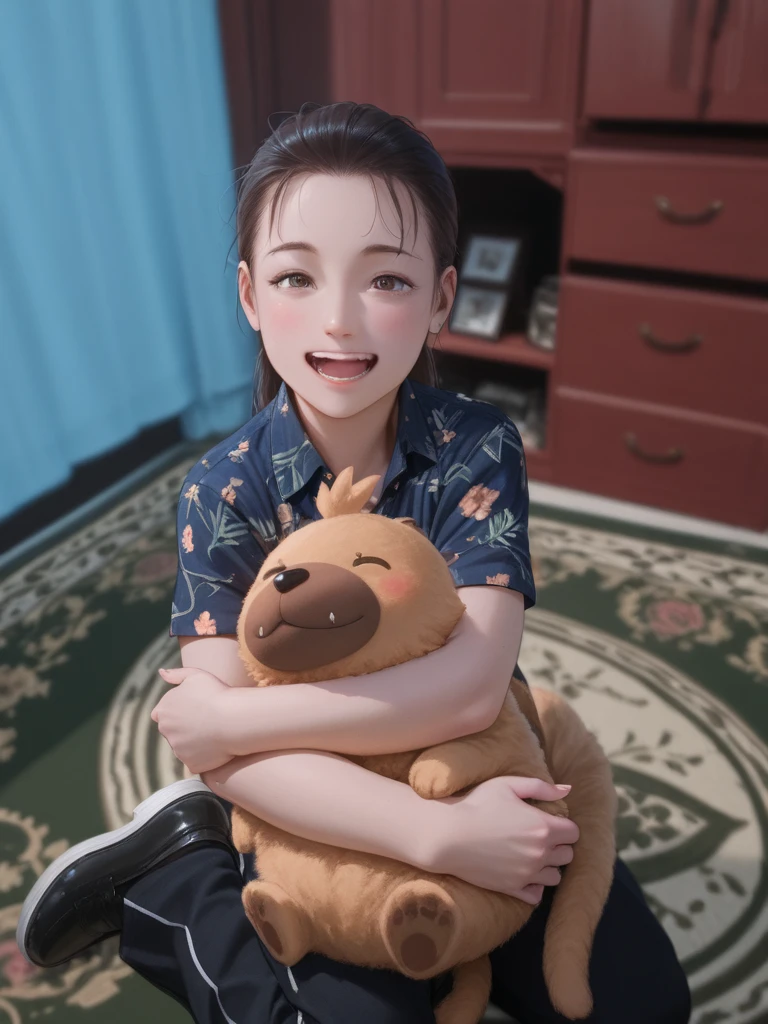 1 girl,Lying Girl,very cute,anatomically correct,pajamas,smile,photorealism,masterpiece,Hug a stuffed red bird、
