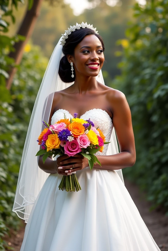 African woman with bouquet, spanish school style, event, tokina at-x 11-16mm f/2.8 pro dx ii, happy optimistic, non-representational, scene elegant pose
