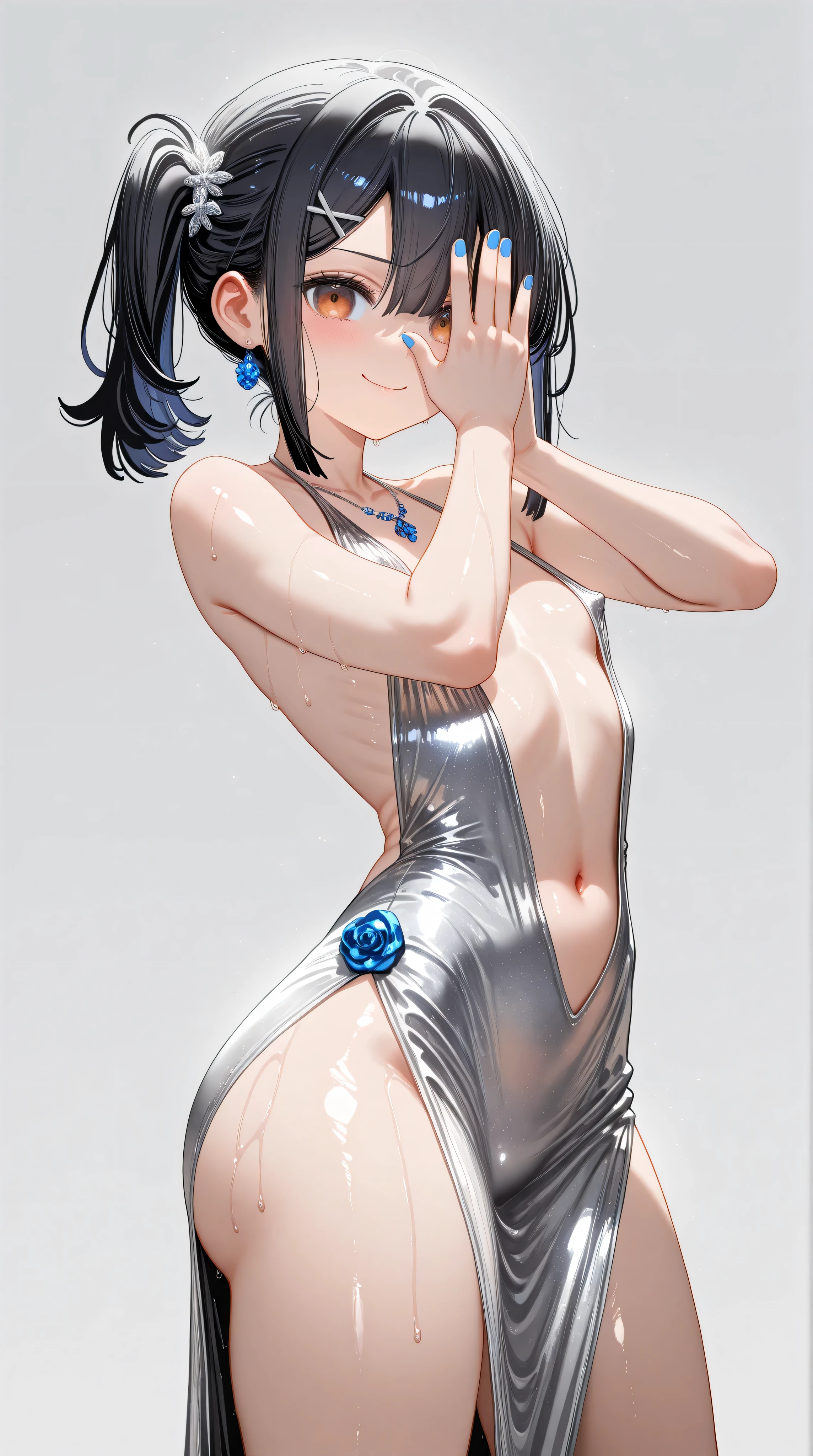 1girl,(Miyu Edelfelt),loli,toddler,petite,cute face,black hair,brown eyes,evil smile,solo,huge ass,colored skin,erect nipples, jewelry, dress,necklace, bangs,x hair ornament, bare shoulders, side ponytail, halterneck, plunging neckline, sidelocks, halter dress, backless outfit, silver dress, nail polish, backless dress,closed mouth, blush, revealing clothes, earrings, hairclip, sweat,evening gown,jonathan joestar pose, jonathan joestar's pose (jojo), jojo pose, covering face,standing,legs apart,leaning back,center opening,navel,thighs, blue nails, flat_chest, official alternate costume, hair between eyes, best quality, amazing quality, very aesthetic, absurdres,masterpiece,best quality,newest,highres,absurdres,very awa,shiny skin,(artist:loika:0.5),(artist:xiaoshou xiansheng:0.8),artist:rin31153336,artist:gawako,(oiled),