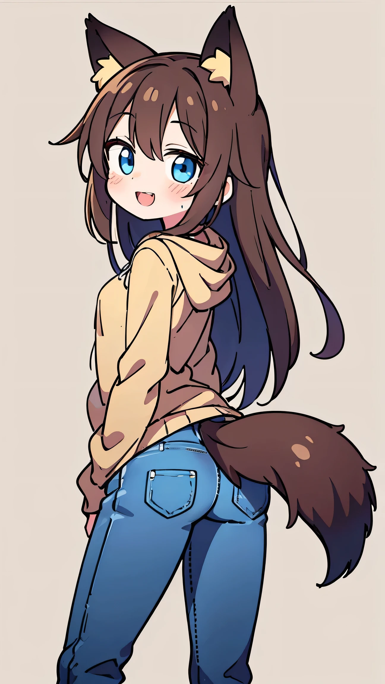     anime style、 cute face、 female、 fox ears、tail、brown hair、 long hair、 beige hoodie、jeans、simple background、blue eyes、smile、Cute mouth、back view、double teeth