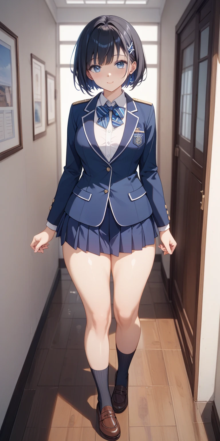1girl in, Parted lips, blush, makeup, lightsmile, School uniform, Full body, Wide Angle, frombelow, crass room, llight rays, Glow, thighs thighs thighs thighs, 鎖骨, Narrow waist, (masutepiece)、Bright blonde hair、Ecchi panties、Breast bulge