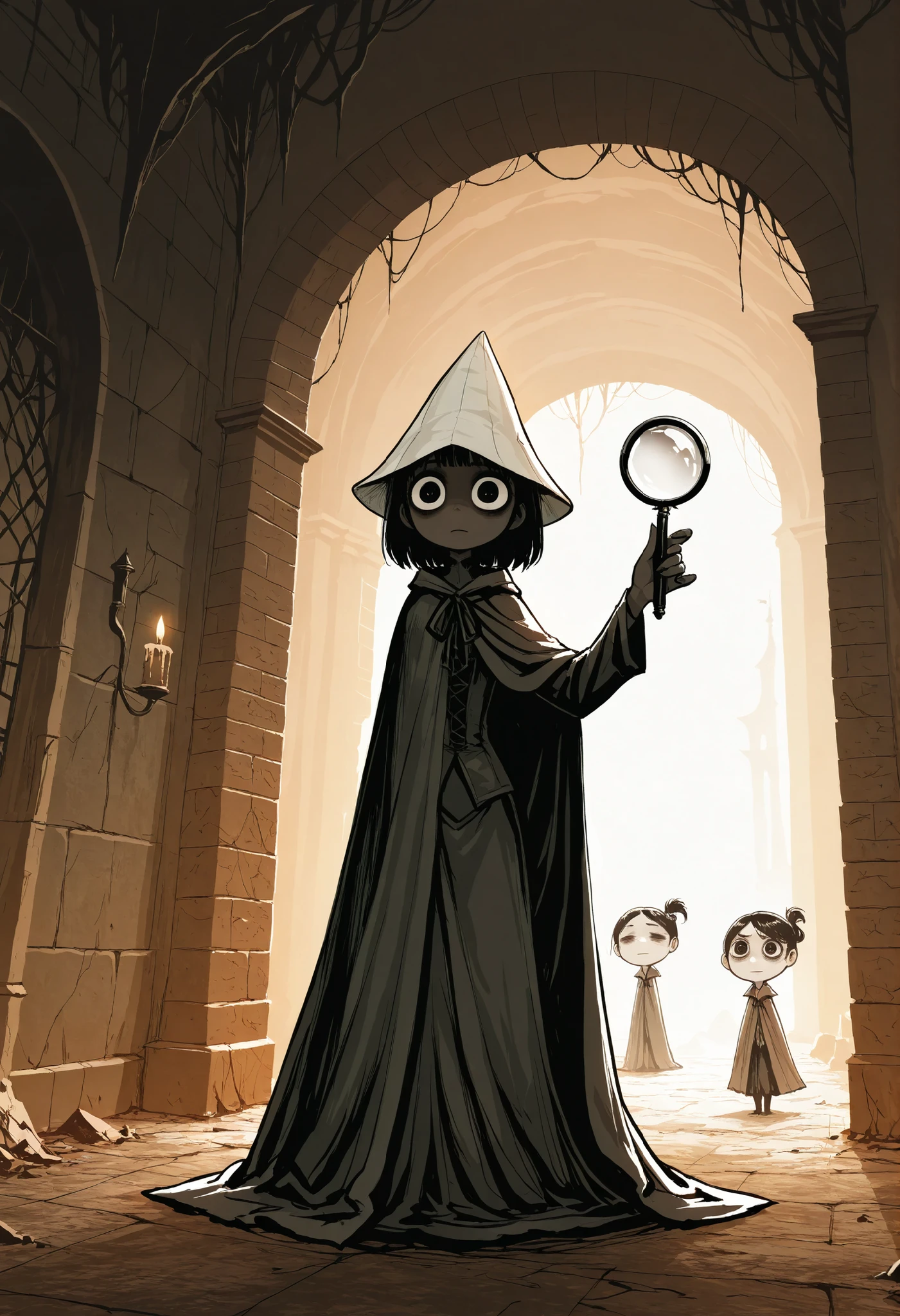 ultra detailed, absolutely resolution, masterpiece, a detective from the underworld (=_=), like a little monster, a side parted hairstyle, holding a big magnifying glass, wearing a tulip hat, a cloak, BREAK background an old castle that combines northern renaissance and gothic styles, a giant underworld king, low-level demons staring suspiciously, those bowing down, a dark horror worldview, highly detailed, sharp focus, vivid colors, soft lighting, cinematic composition