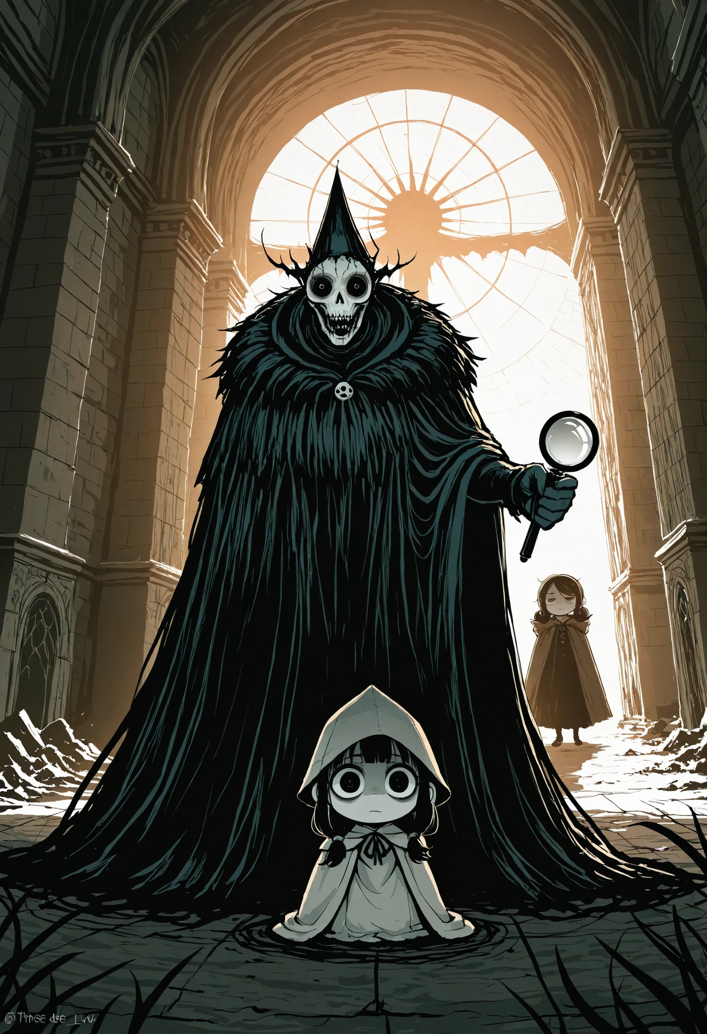 ultra detailed, absolutely resolution, masterpiece, a detective from the underworld (=_=), like a little monster, a side parted hairstyle, holding a big magnifying glass, wearing a tulip hat, a cloak, BREAK background an old castle that combines northern renaissance and gothic styles, a giant underworld king, low-level demons staring suspiciously, those bowing down, a dark horror worldview, highly detailed, sharp focus, vivid colors, soft lighting, cinematic composition