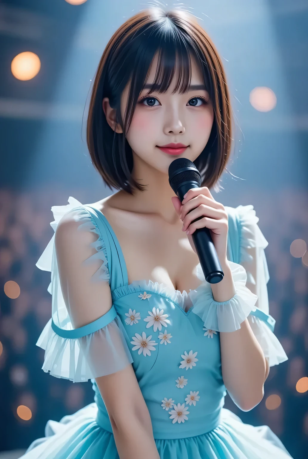 Japanese idol performing on illuminated stage, 18yo,wearing turquoise blue idol costume. Her vibrant idol costume features of turquoise blue, adorned with floral and star patterns, and ribbon details. She has medium-long black hair and a fair complexion. Dynamic pose mid-dance, radiant genuine smile, hold the microphone. Professional concert photography with spotlight beams creating ethereal glow. Crystal clear bokeh effect from audience lights. Shot with Sony A7III, concert lighting, f/2.8.
