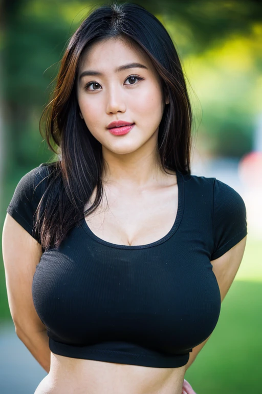 30 years old woman, milf, (at park), ((black shirt:1.2)), RAW photo, (photorealistic:1.37, realistic), highly detailed CG unified 8K wallpapers, 1girl, (thick body:1.1), (huge breasts:1.2) , looking at viewer, (((straight from front))), (HQ skin:1.8, shiny skin), 8k uhd, dslr, soft lighting, high quality, film grain, Fujifilm XT3, ((upper body:1.6)), (professional lighting:1.6) , (((( anastasyakosasih ))))