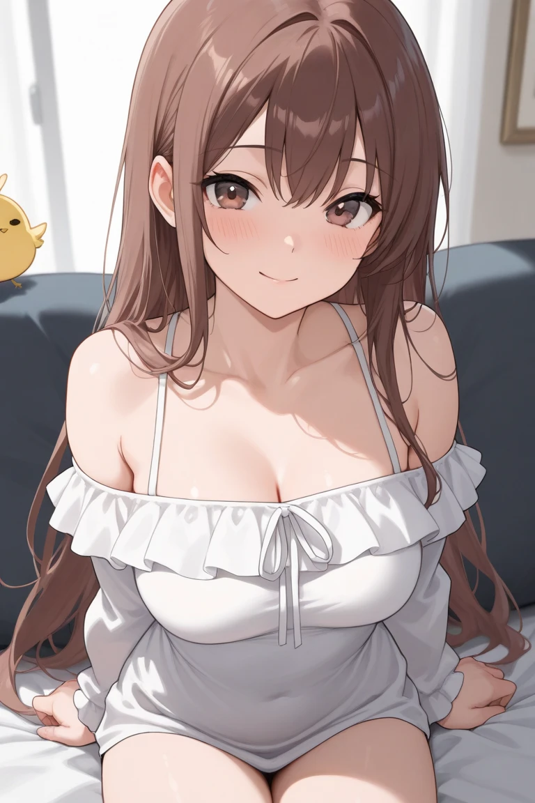upper body close-up、(Placing hand on chest:1.5), Realistic, real person, RAW photo, photorealistic, portrait photography, shiny skin, japanese idol、A 25-year-old woman with medium-long hair with bright chestnut bangs.、(wearing an orange off-shoulder blouse:1.5)、sitting、shy, (Smiling embarrassedly:1.5), blush, Alone、The background is the living room