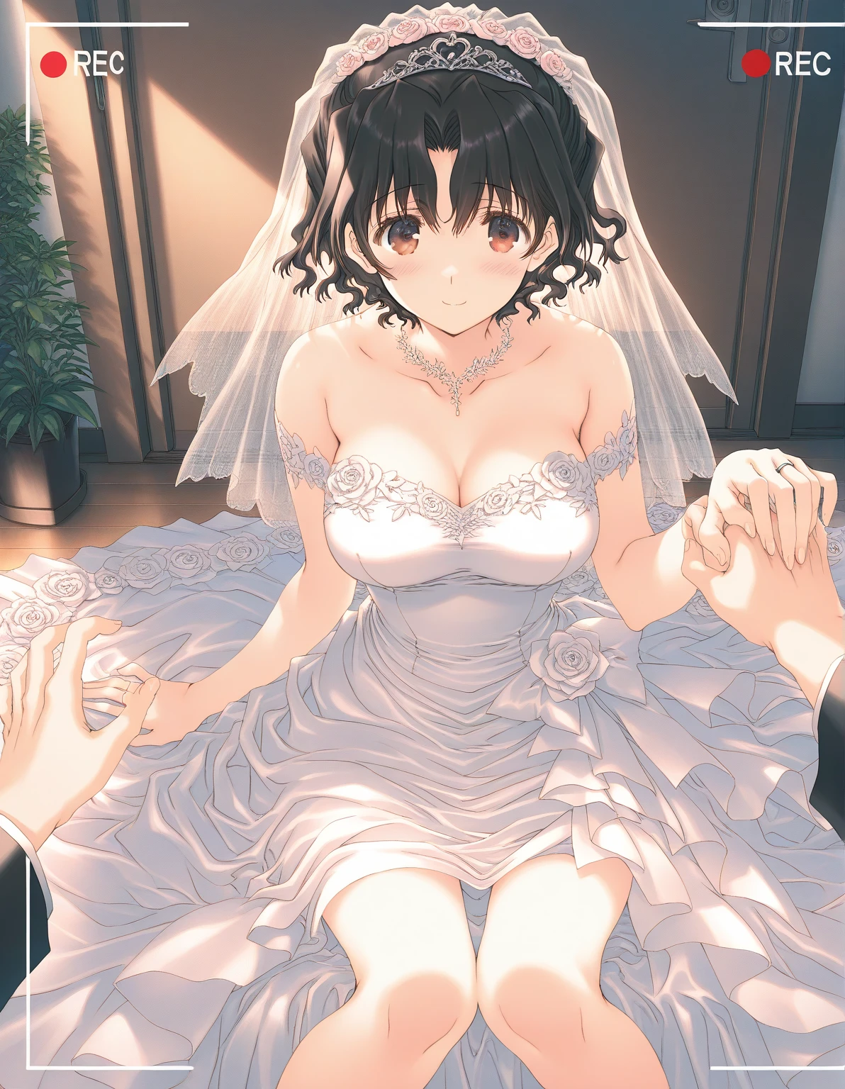 (1girl), himejima_akeno, black hair, ponytail, ((very long hair)), ribbon,), huge tits, purple Flowers, in a wedding dress, church, Bouquet in hands, bridal veil