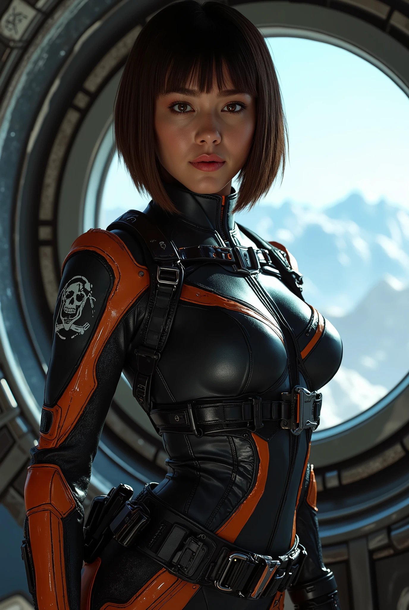 ((top quality)), (Masterpiece)), ( Details: 1.4), 3d, An absurd resolution, high definition, (Masterpiece: 1.4), ultra detail, 1 beautiful Mexican girl, (dark skin:1.4), bangs, image of the futuristic pirate woman, skull and crossbones mark, female space pirate, Shiny brown short hair, beautiful iridescent eyes, beautiful faces, toned body, muscular, 20 years old, seductive smiling, Spaceship, (floating:1.9), small, (matte black and indigo and orange Space Suit:1.4), Tight fitting space suit that accentuates the body lines, Spaceship, window, future, dynamic poses, Costume Change, cinematic lighting