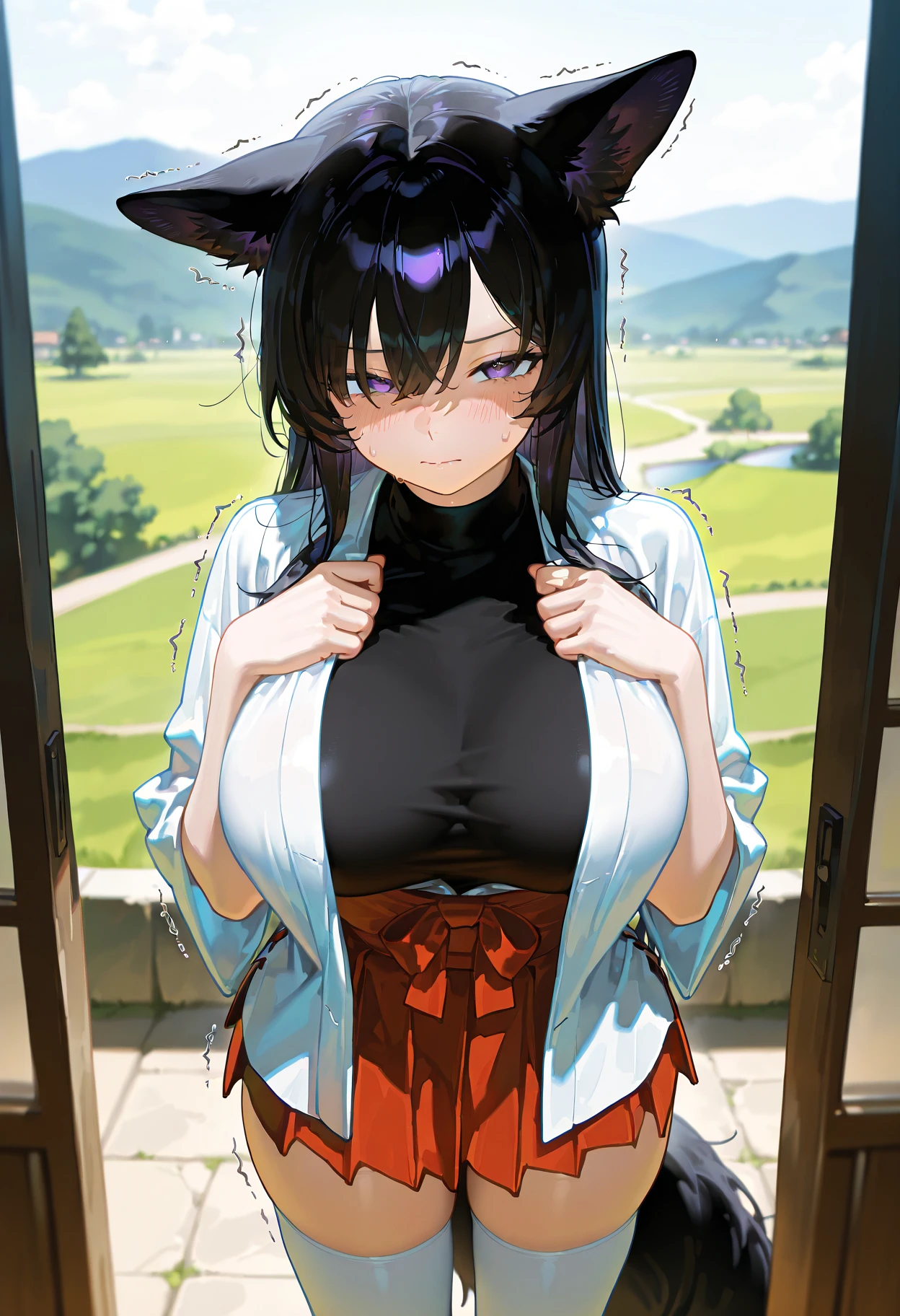 (Fox Girl, Fox Ears, Black colored hair, Fox Makeup, One Girl, Long Hair:1.6), (kimono, Kimono with open chest, A beautiful kimono with red and black patterns, I can see her cleavage, Open chest, Exposed skin:1.8), (Body size is 100-70-90!, Nice body, Big Breasts, Soft breasts, Emphasize cleavage, Knees are slightly visible, Muscular, Abdominal muscles, Grab your own chest:1.9), Avatar, face, lewd face, Dominant representation, naughty face, Uplifting, Skin Texture, outside, Grassy field